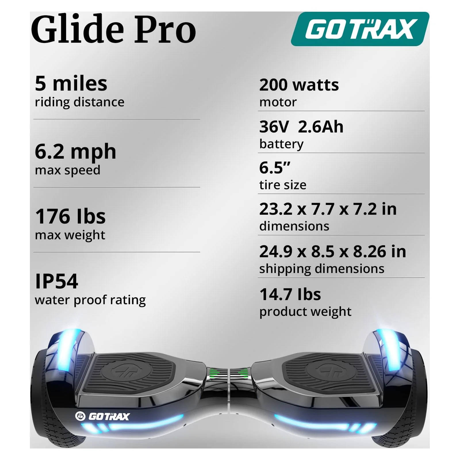 GOTRAX GLIDE PRO Bluetooth Hoverboard, 6.5\u0026quot; Wheels and 7 Colors Lights Self Balancing Scooters for 44 176lbs Kids Adults Silver - John Pierce Auto Care