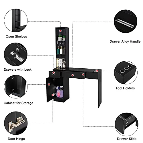 OmySalon Barber Station Wall Mount Salon Hair Styling Beauty Spa Equipment w\/ 2 Drawers, 1 Storage Cabinet, 3 Open Shelves (Black) - John Pierce Auto Care