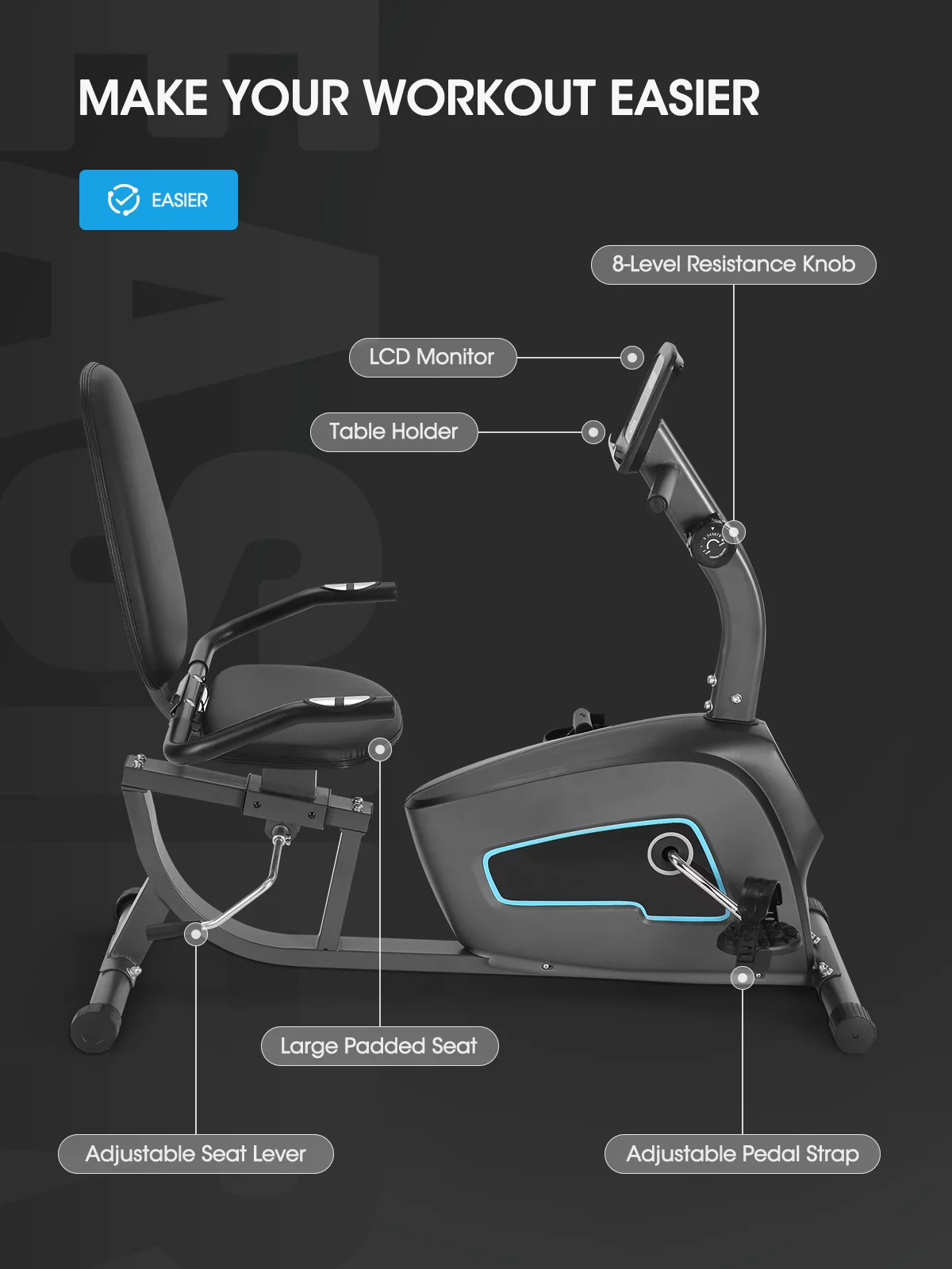 Recumbent Exercise Bike Indoor Stationary Exercise Bike for Home Use with Pluse Monitor\/Tablet Holder - John Pierce Auto Care