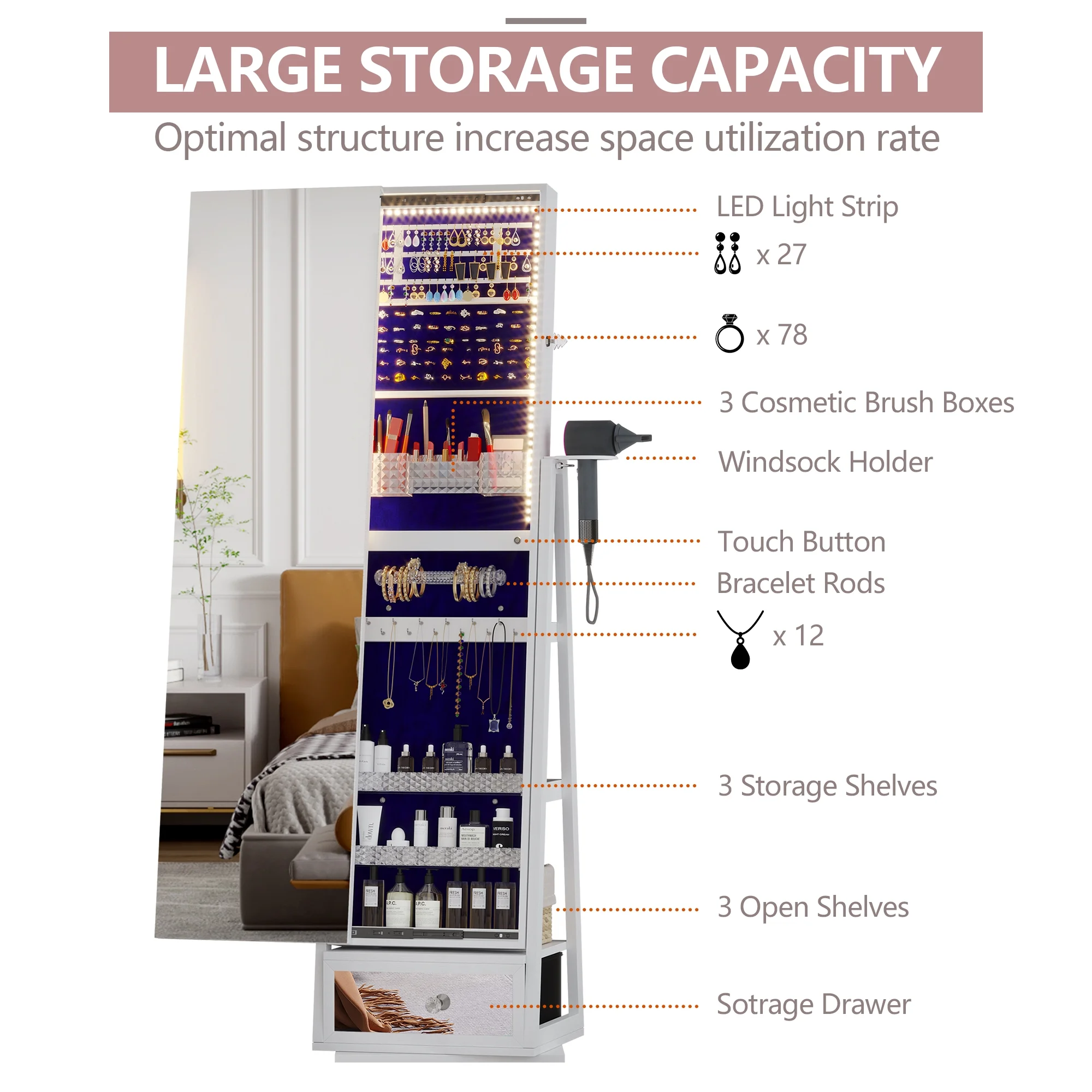 LVSOMT 360 Swivel Jewelry Cabinet with Lights, Standing Rotatable Jewelry Armoire Organizer with Lock, Full Length Mirror with Jewelry Storage, White - John Pierce Auto Care