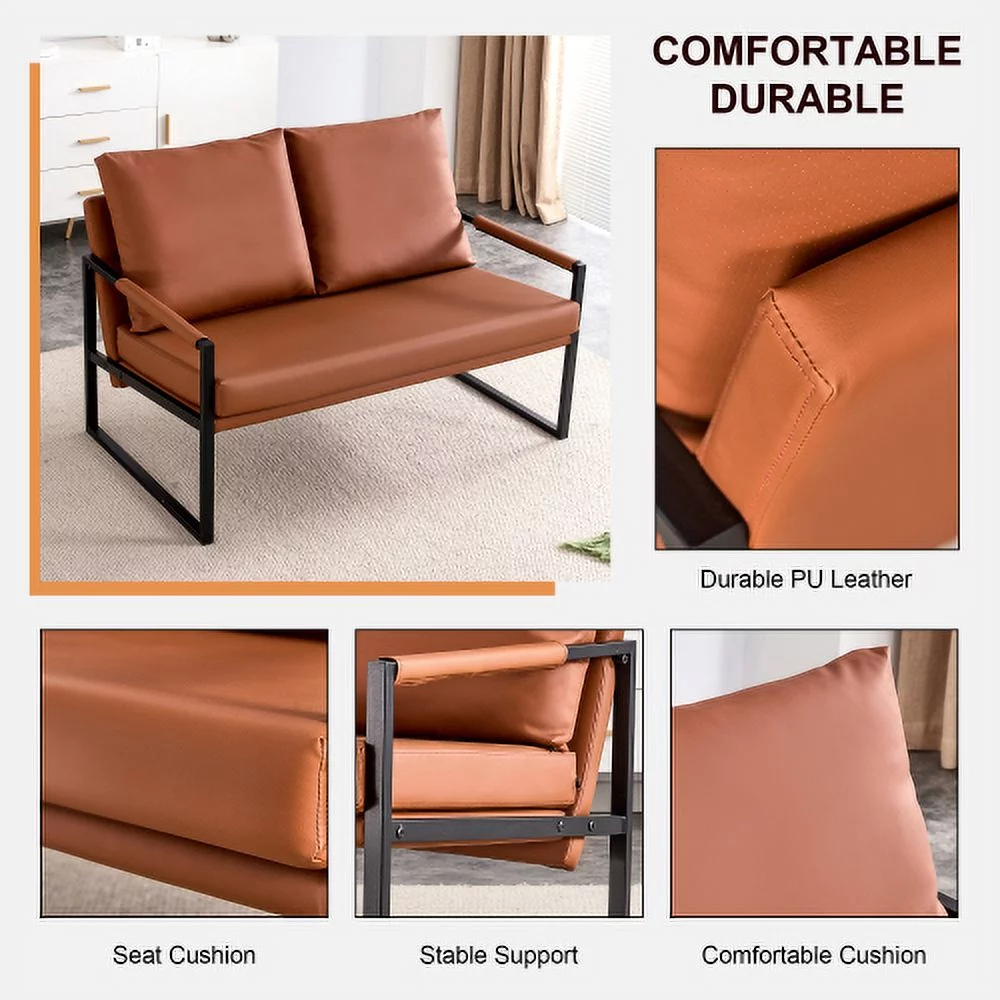 GVJMTKP Modern Two Seater Sofa Chair with 2 Pillows   PU Leather High Density Foam Black Coated Metal Frame.BrownSF D008 BR - John Pierce Auto Care
