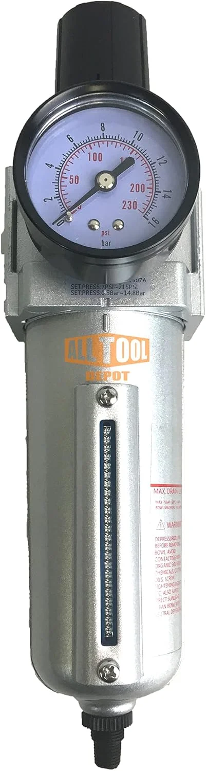 NPT HEAVY DUTY Compressed Air In Line Filter Regulator Combo Piggyback, Metal Bowl, 5 Micron , Adjustable From 7 to 175 PSI (AUTO DRAIN) - John Pierce Auto Care