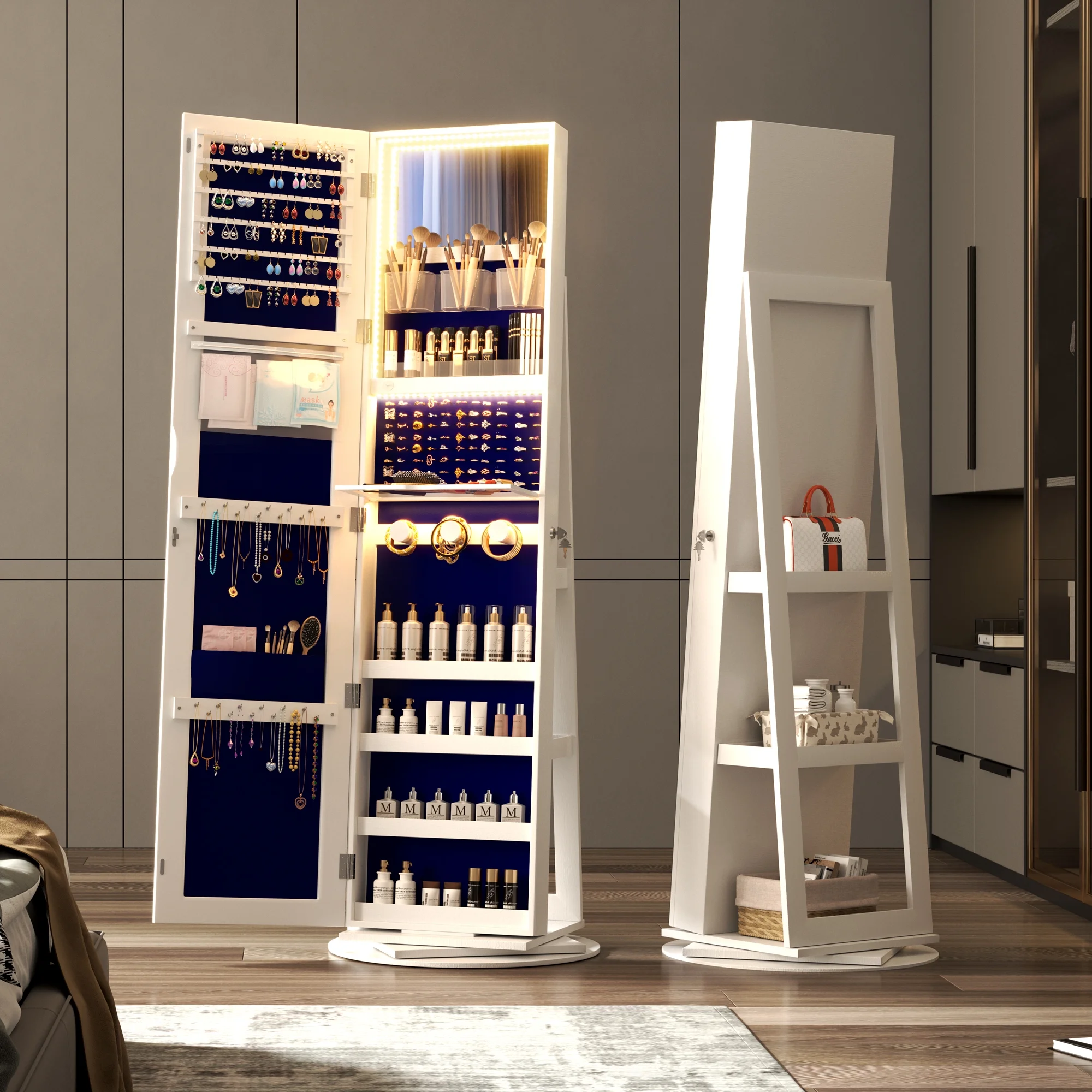 LVSOMT 360�� Rotating LED Jewelry Armoire with Full Length Mirror, Jewelry Cabinet Large Standing Lockable Mirror Jewelry Organizer with Inner Makeup Mirror \u0026amp; Soft Velvet for Living Room Bedroom - John Pierce Auto Care
