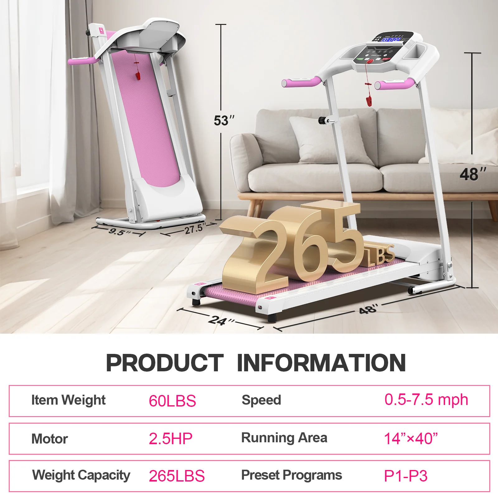 FYC Foldable Treadmills for Home, 2.5 HP, 7.5 MPH, Electric Running Treadmill Quiet Brushless Proform Treadmill for Home Gym, Running Machine with Heart Rate Sensor with LED Display (Pink) - John Pierce Auto Care