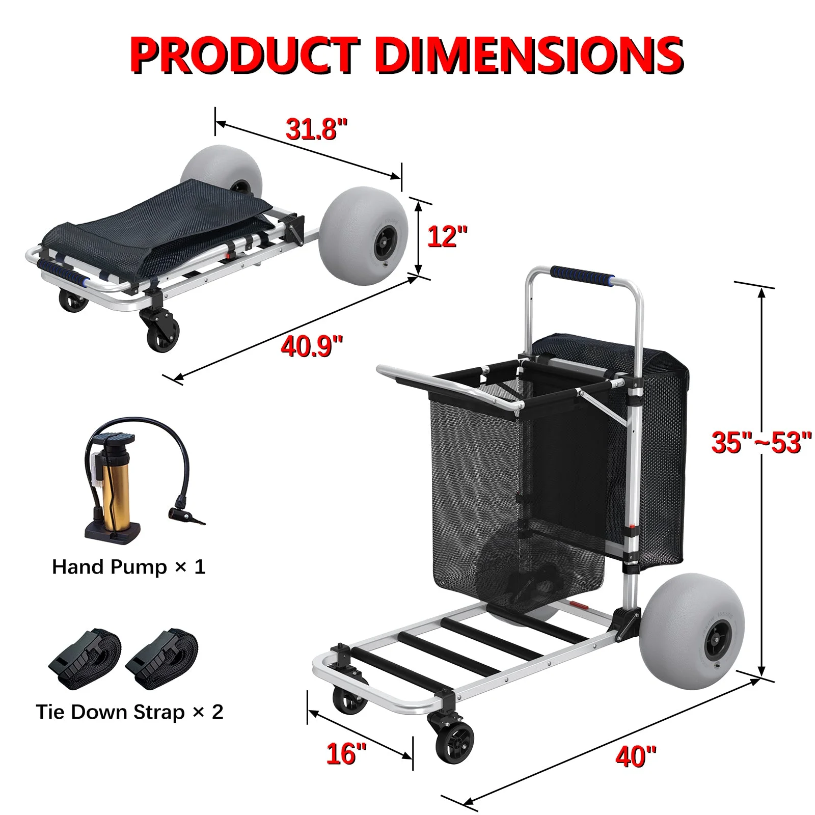 GDLF Foldable Beach Cart with Adjustable Handle and 12\u0026quot; Balloon Wheels, Heavy Duty Aluminum 220LBS Capacity - John Pierce Auto Care