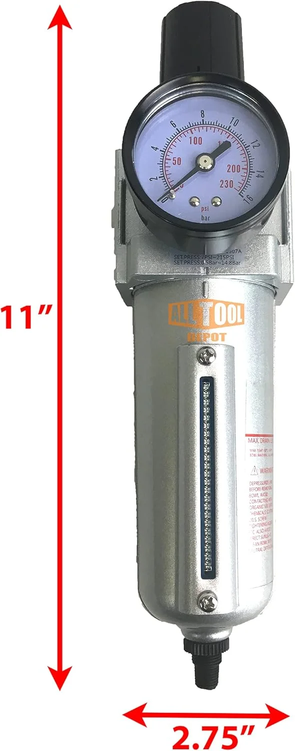 NPT HEAVY DUTY Compressed Air In Line Filter Regulator Combo Piggyback, Metal Bowl, 5 Micron , Adjustable From 7 to 175 PSI (AUTO DRAIN) - John Pierce Auto Care