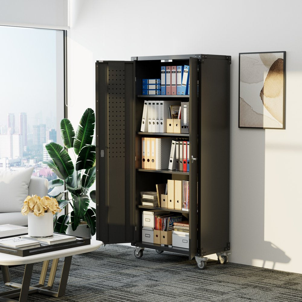 GangMei 72 in Metal Garage Storage Cabinet with Wheels and Pegboard, Black Tall Rolling Tool Cabinet with 4 Adjustable Shelves - John Pierce Auto Care