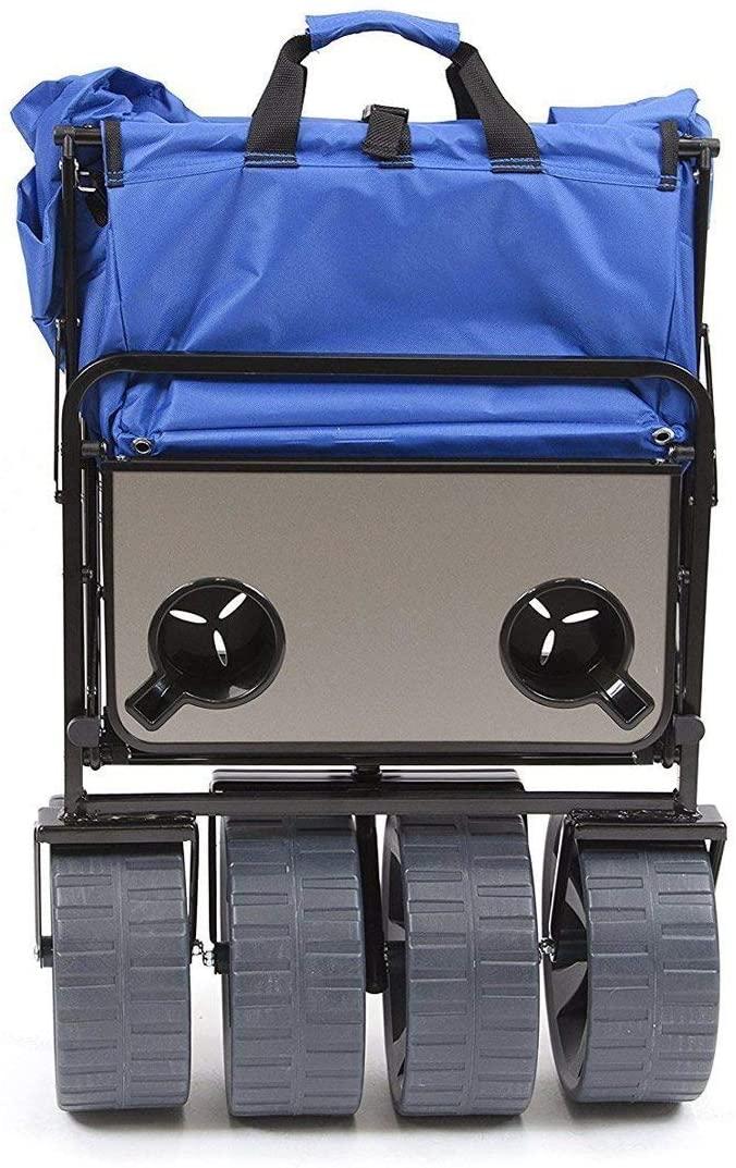 MacSports All Terrain Beach Wagon with Side Table|Heavy Duty Collapsible Folding Cart with Large Wheels for Beach Day, Picnic, Camping, Outdoor Activities | Blue\/White - John Pierce Auto Care