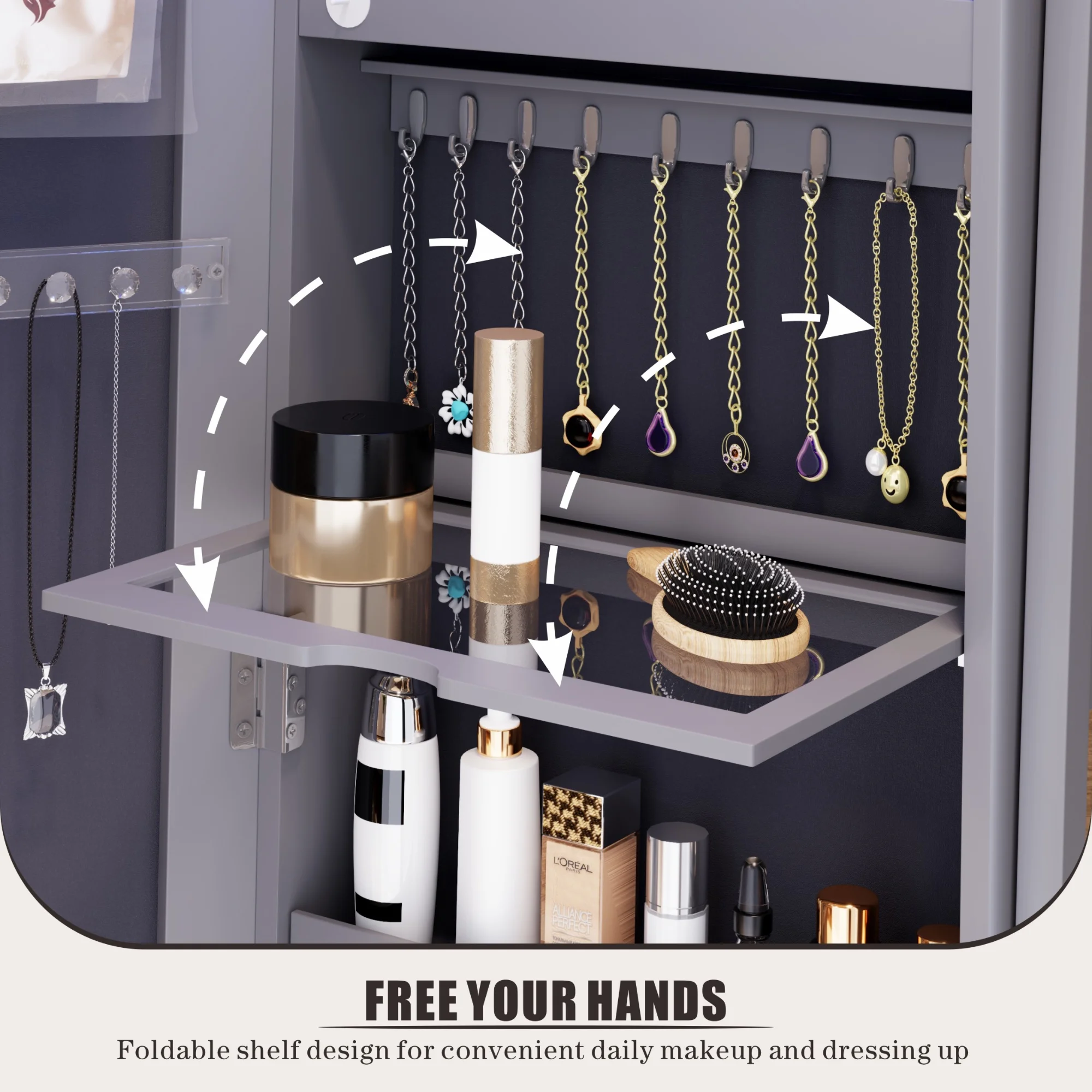 FREDEES Standing Jewelry Cabinet with Mirror and Lights, Wooden Jewelry Armoire Organizer with Full Length Mirror for Women, Grey - John Pierce Auto Care