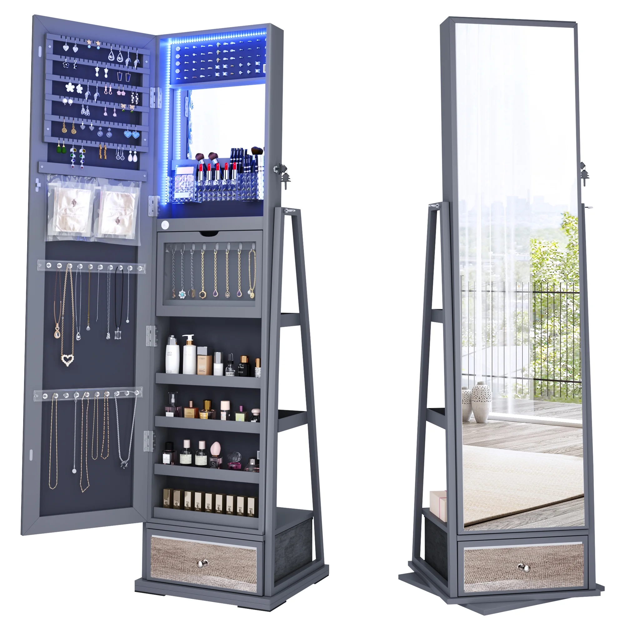 FREDEES Standing Jewelry Cabinet with Mirror and Lights, Wooden Jewelry Armoire Organizer with Full Length Mirror for Women, Grey - John Pierce Auto Care
