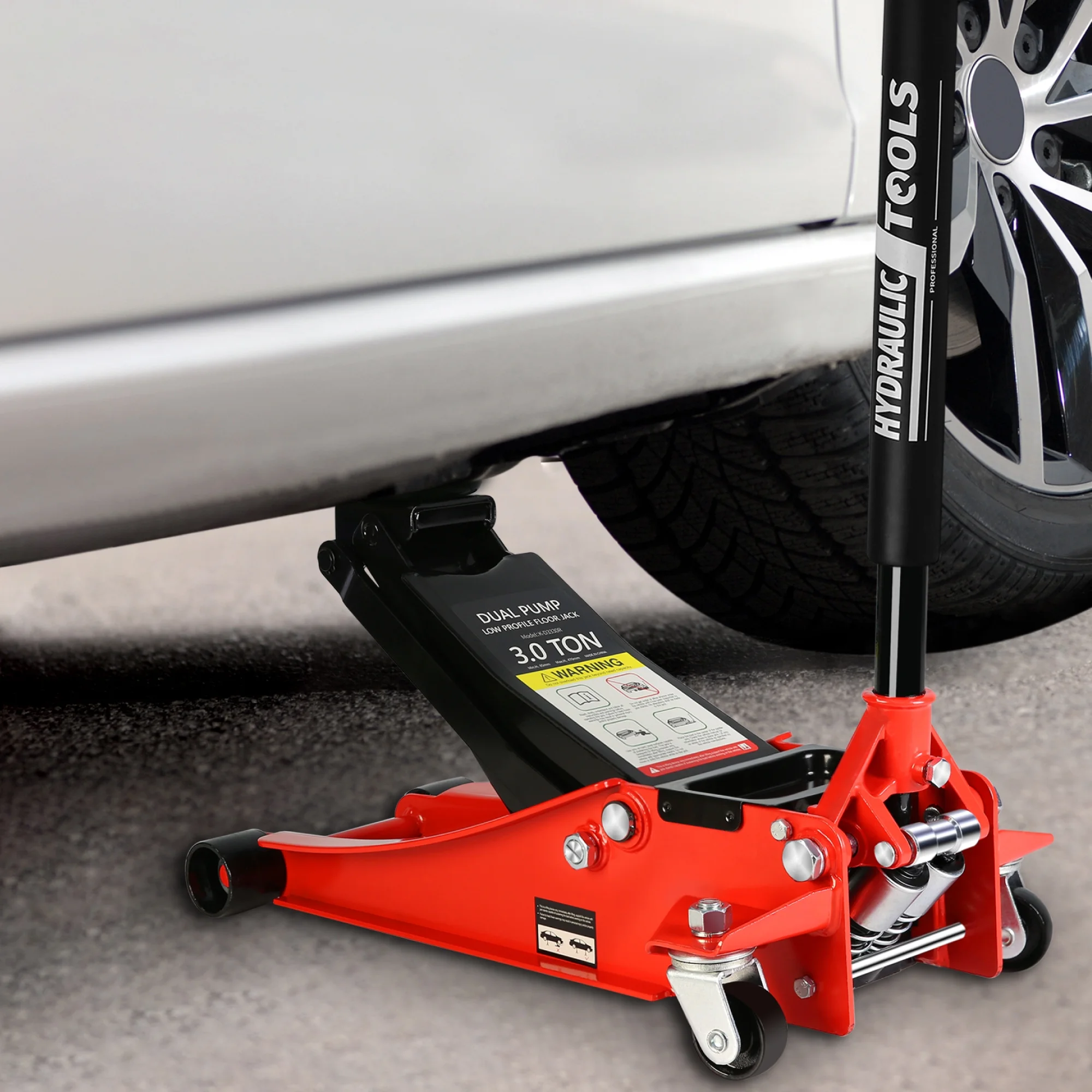 Hydraulic Low Profile And Steel Racing Floor Jack With Dual Piston Quick Lift Pump,3 Ton 6600 Lb Capacity, Lifting Range 3.3" 18.5" Black Red Steel - John Pierce Auto Care