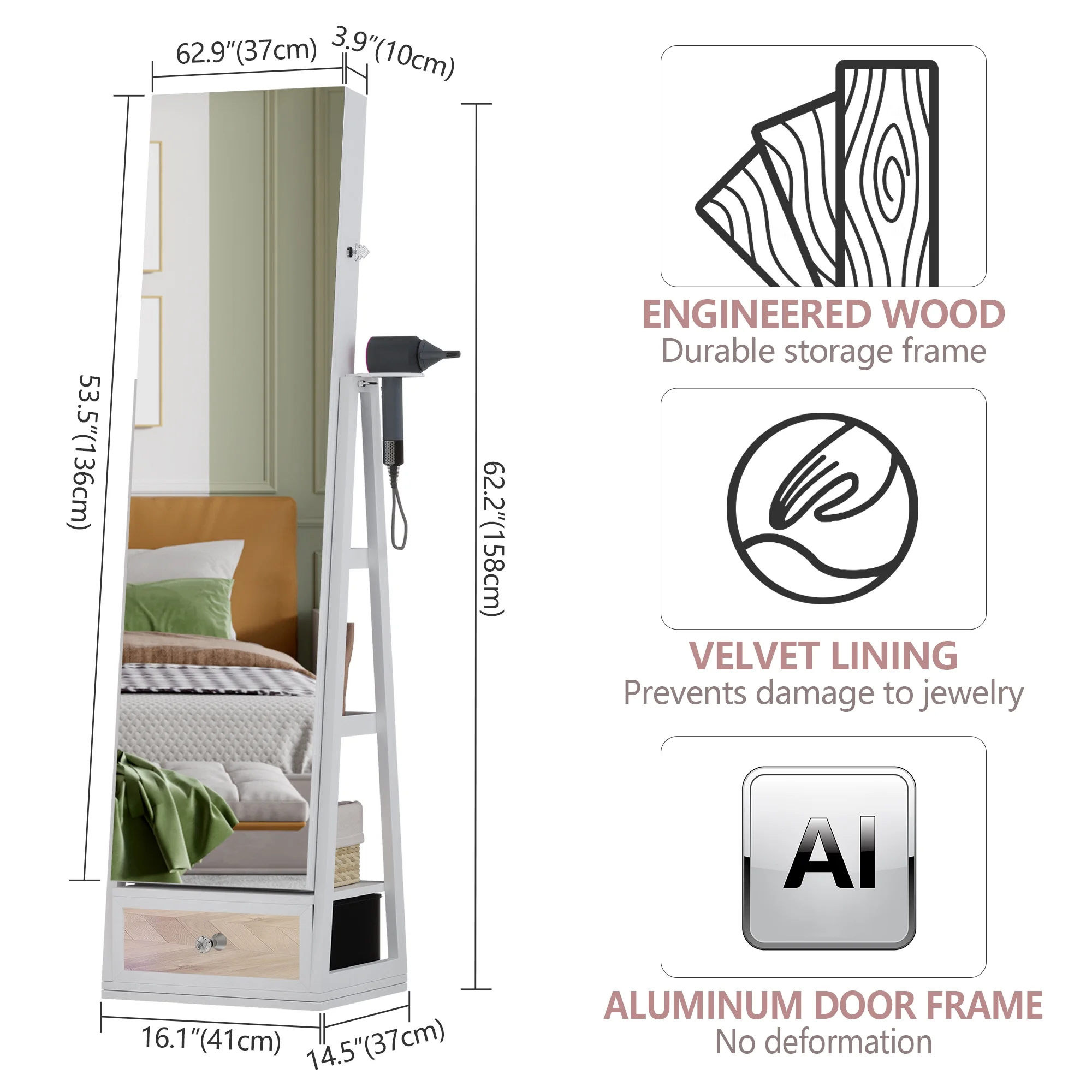 LVSOMT 360 Swivel Jewelry Cabinet with Lights, Standing Rotatable Jewelry Armoire Organizer with Lock, Full Length Mirror with Jewelry Storage, White - John Pierce Auto Care