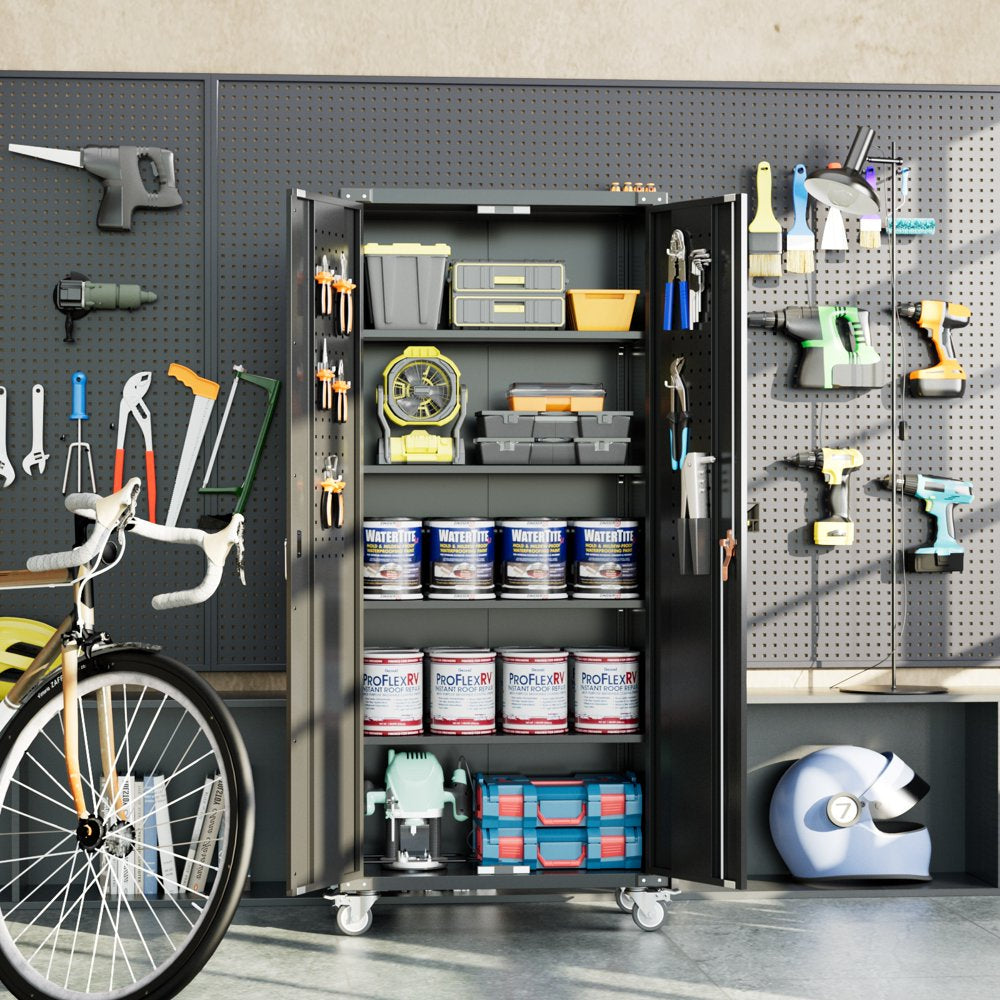 GangMei 72 in Metal Garage Storage Cabinet with Wheels and Pegboard, Black Tall Rolling Tool Cabinet with 4 Adjustable Shelves - John Pierce Auto Care