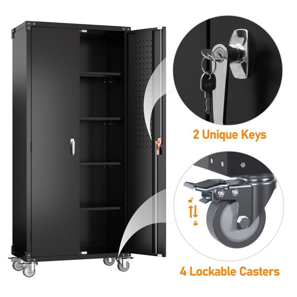 GangMei 72 in Metal Garage Storage Cabinet with Wheels and Pegboard, Black Tall Rolling Tool Cabinet with 4 Adjustable Shelves - John Pierce Auto Care