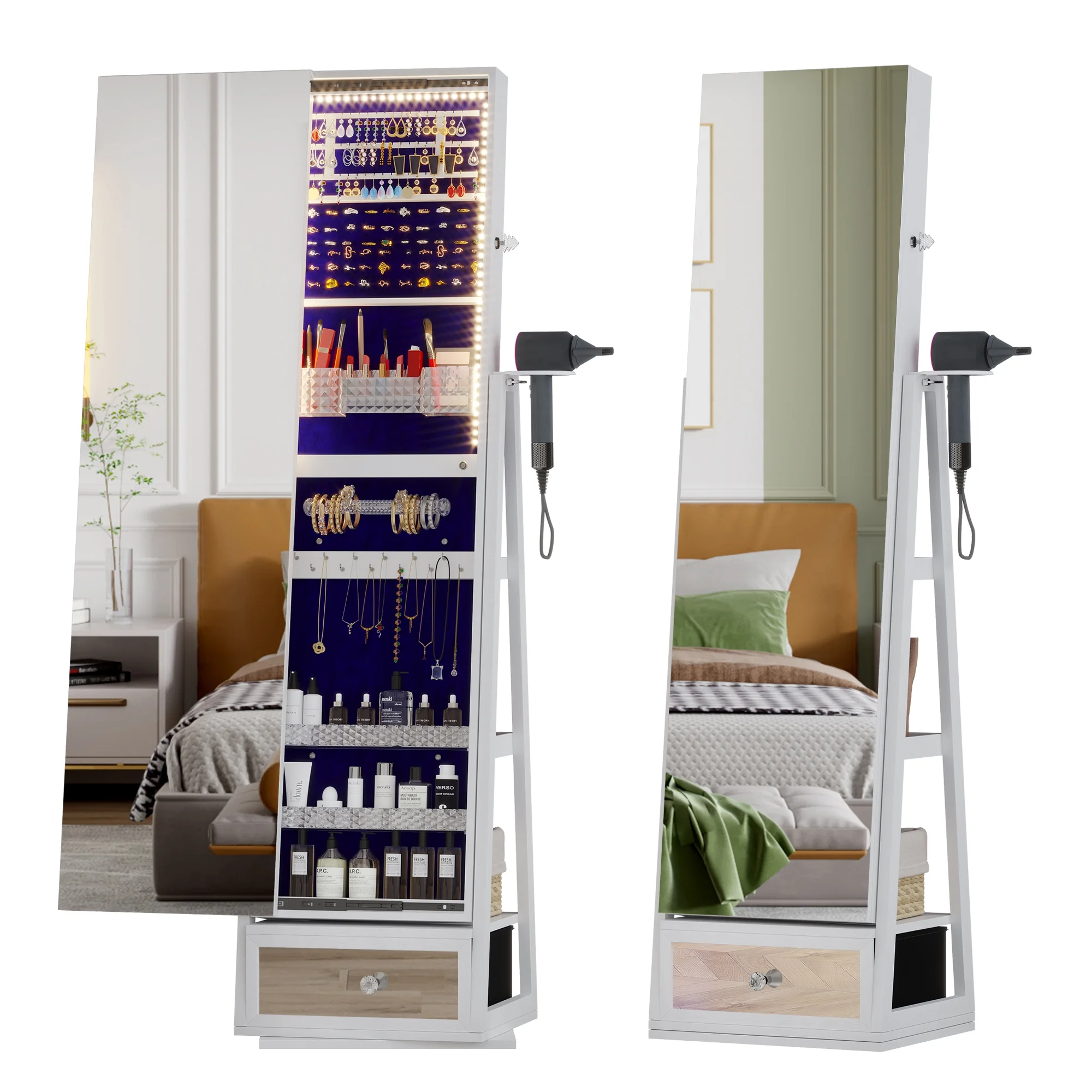 LVSOMT 360 Swivel Jewelry Cabinet with Lights, Standing Rotatable Jewelry Armoire Organizer with Lock, Full Length Mirror with Jewelry Storage, White - John Pierce Auto Care