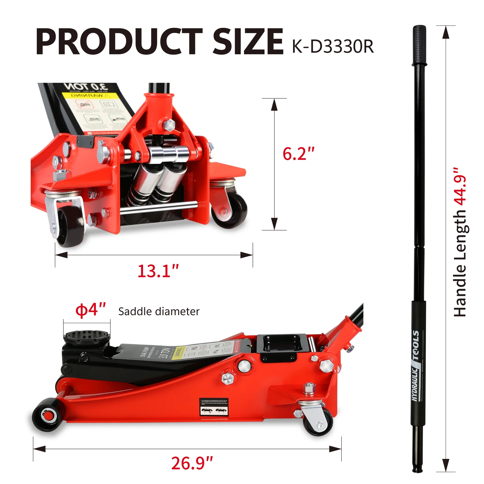 Hydraulic Low Profile And Steel Racing Floor Jack With Dual Piston Quick Lift Pump,3 Ton 6600 Lb Capacity, Lifting Range 3.3" 18.5" Black Red Steel - John Pierce Auto Care