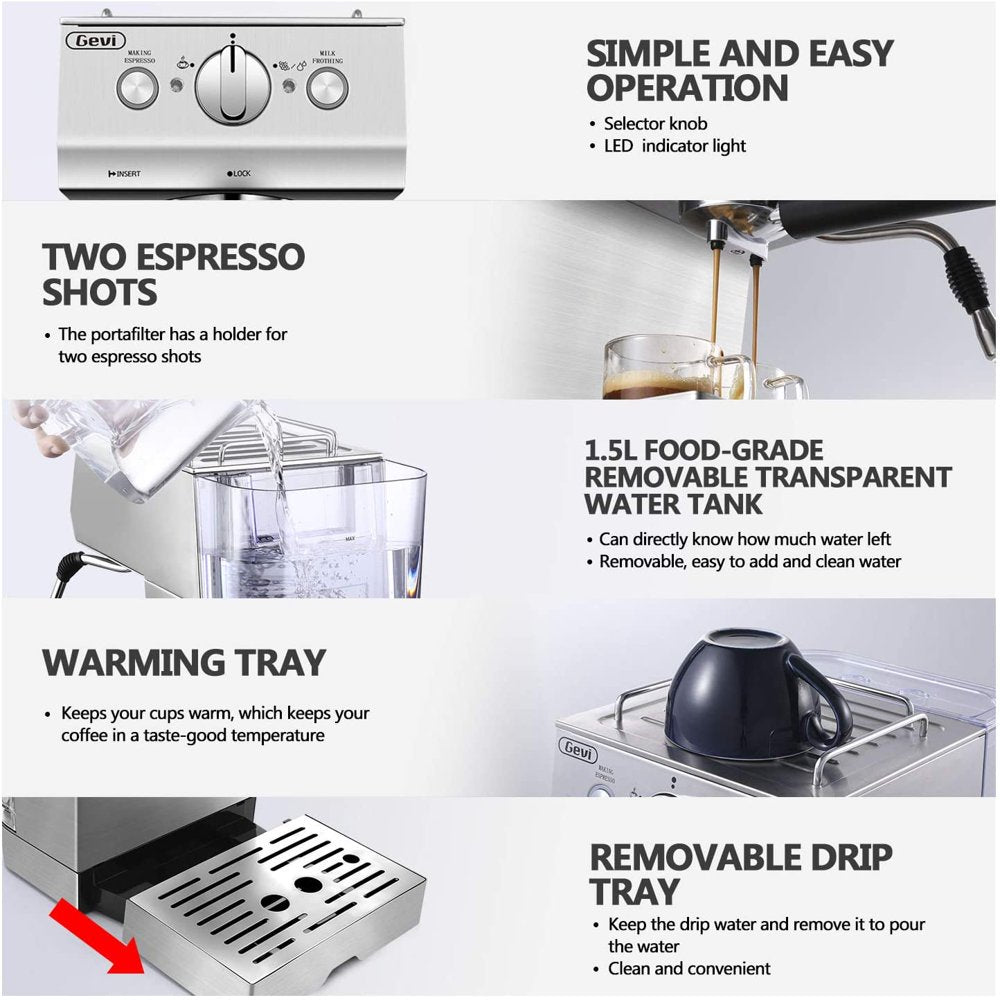 GEVI Silver Stainless Steel 15 Bar Espresso Machine 2 Shot Pump Cappuccino Maker - John Pierce Auto Care