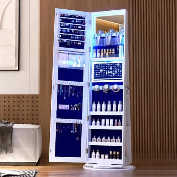 LVSOMT 360�� Rotating LED Jewelry Armoire with Full Length Mirror, Jewelry Cabinet Large Standing Lockable Mirror Jewelry Organizer with Inner Makeup Mirror \u0026amp; Soft Velvet for Living Room Bedroom - John Pierce Auto Care