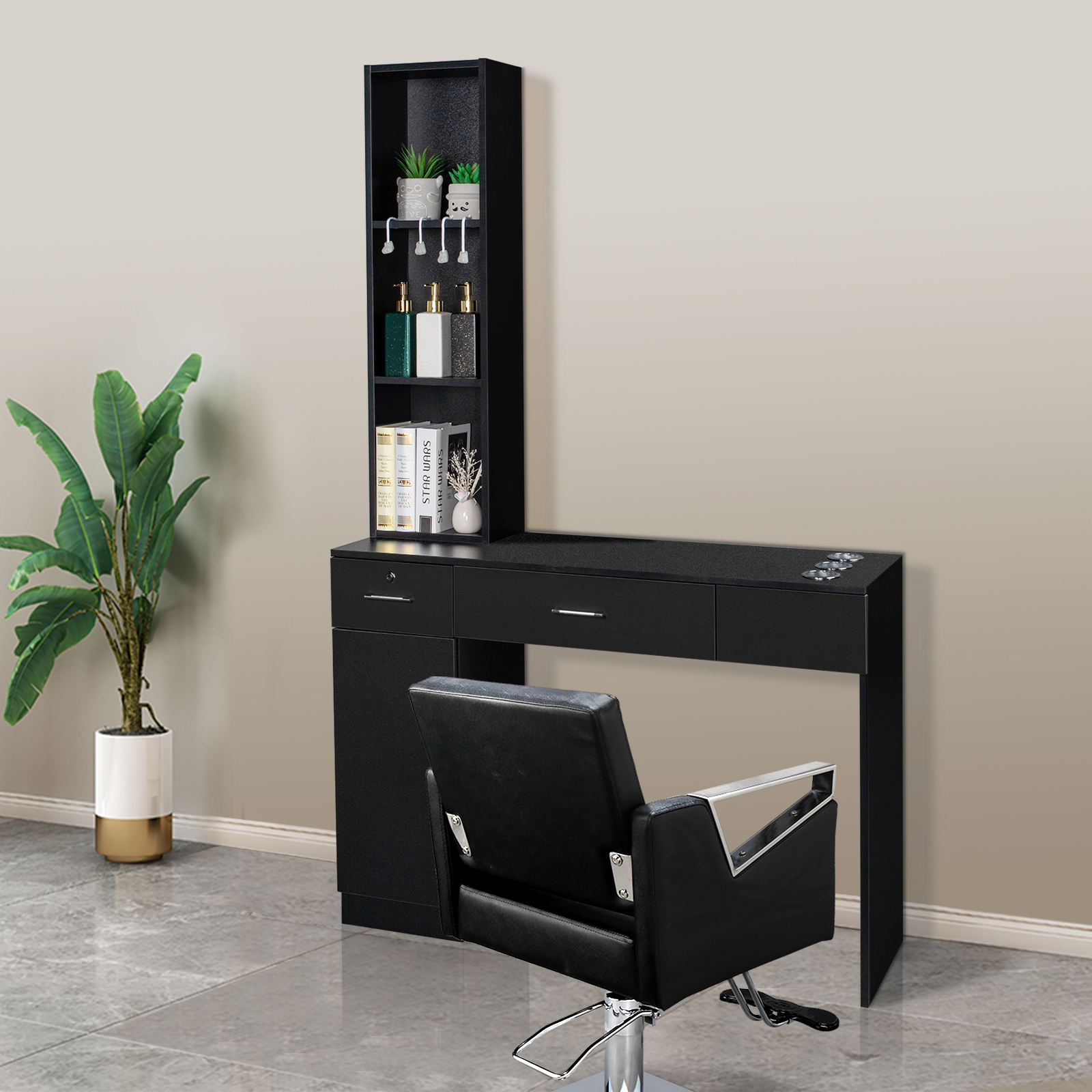 OmySalon Barber Station Wall Mount Salon Hair Styling Beauty Spa Equipment with 2 Drawers, 1 Storage Cabinet, 3 Open Shelves (Black) - John Pierce Auto Care