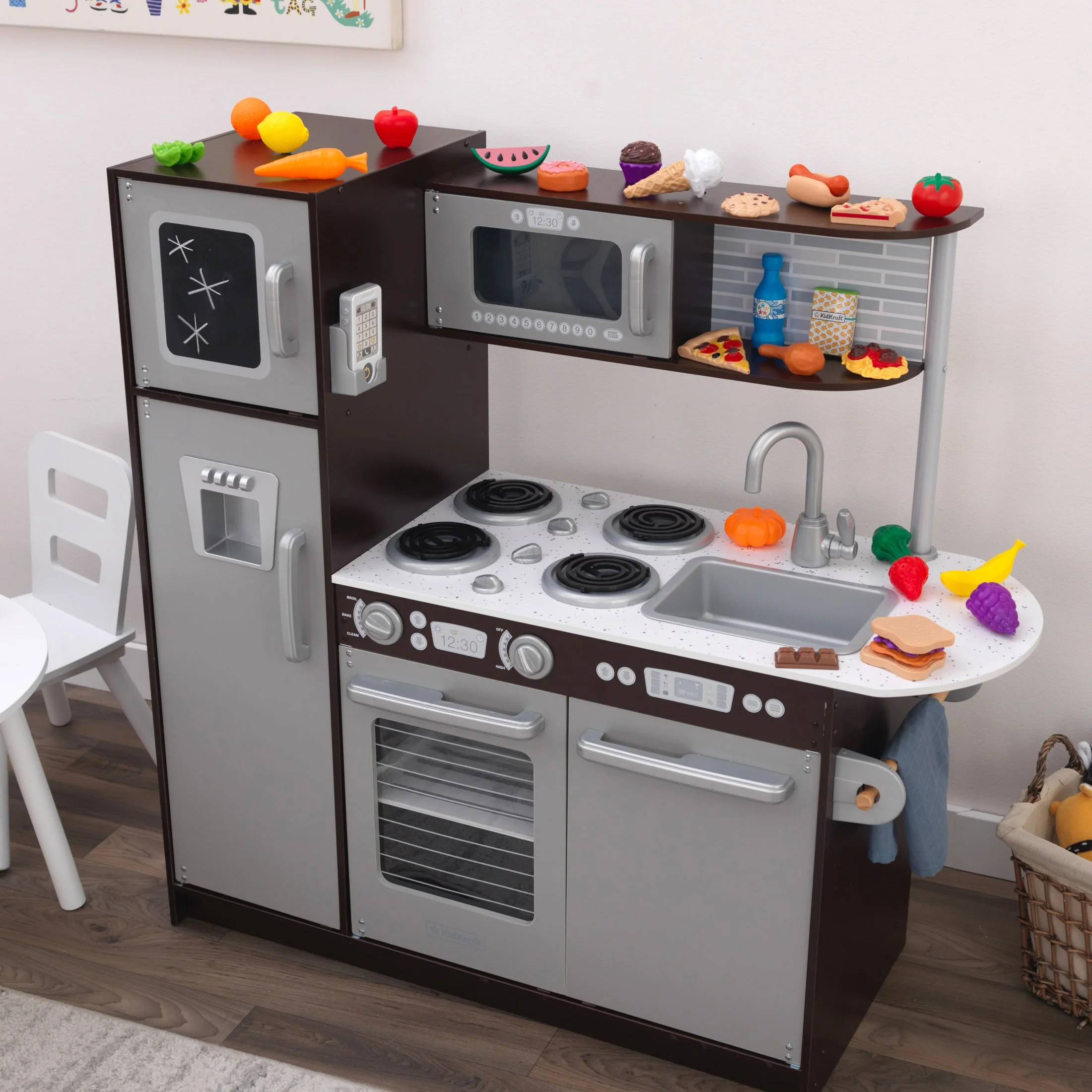 KidKraft Uptown Espresso Wooden Play Kitchen and 30 Piece Play Food Accessories - John Pierce Auto Care