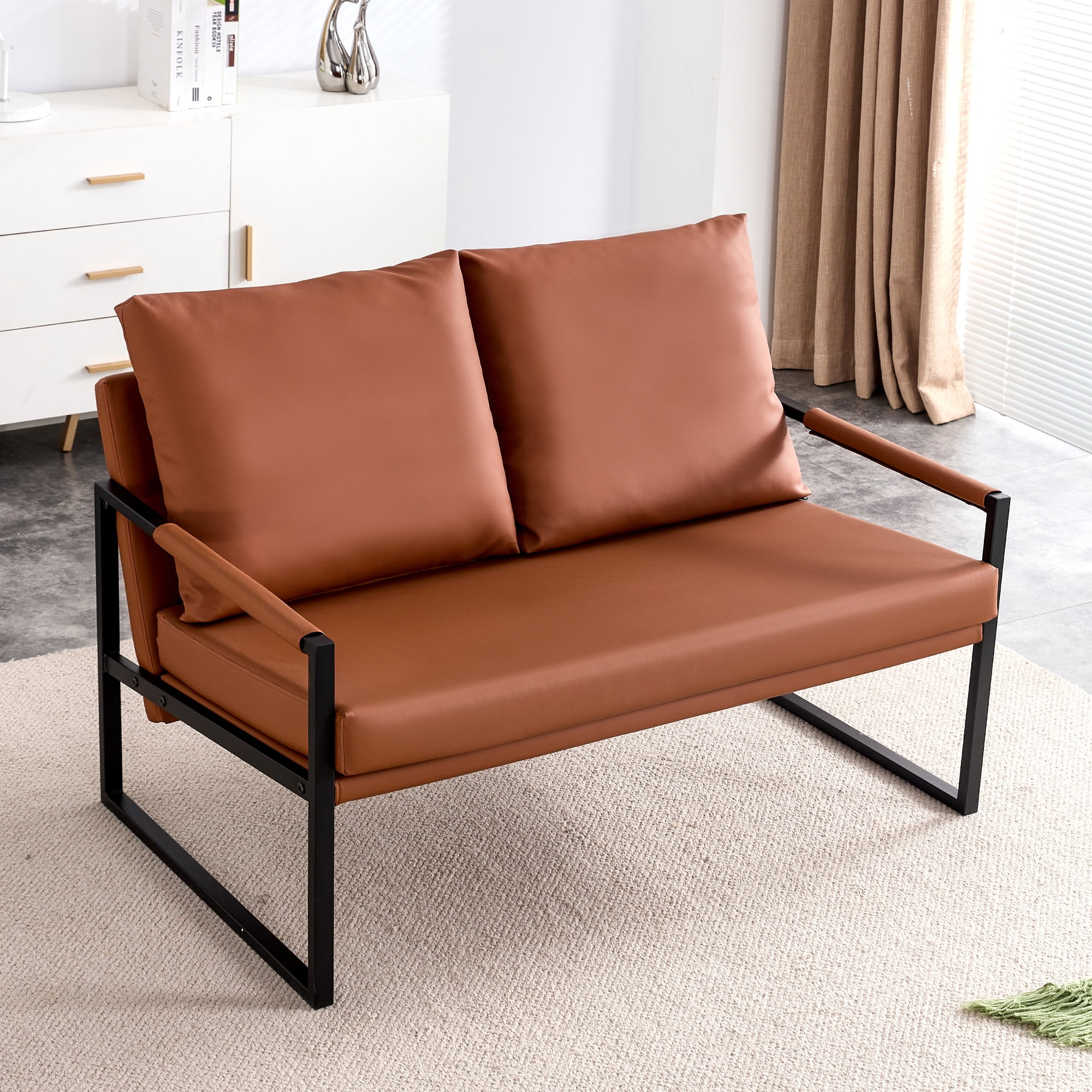 Modern Two Seater Sofa Chair with 2 Pillows   PU Leather, High Density Foam, Black Coated Metal Frame.Brown SF D008 - John Pierce Auto Care