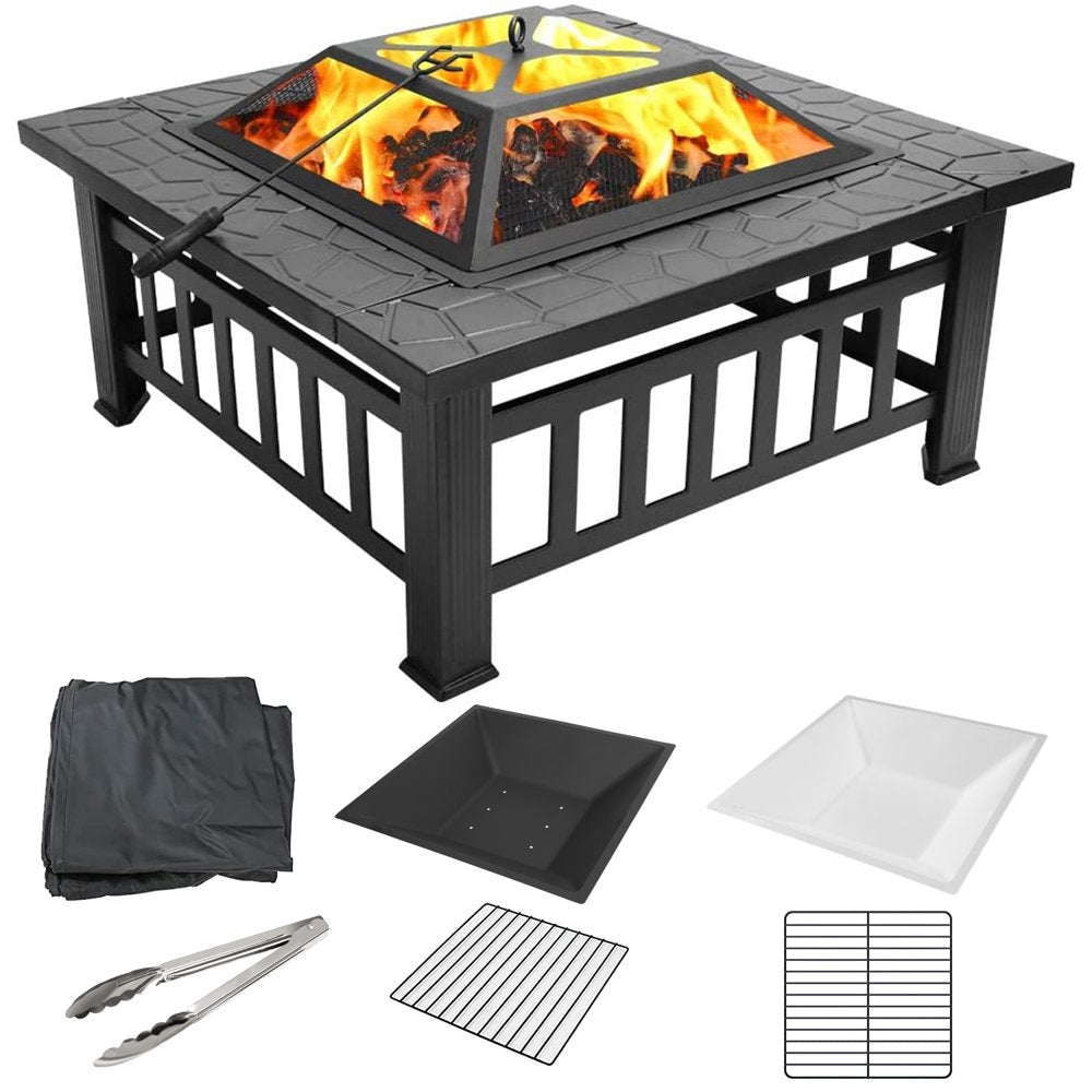 Uhomepro 32\u0026quot; Wood Burning Fire Pit Tables with Screen Lid, Poker, BBQ Net, Ice Tray, Food Clip and Cover - John Pierce Auto Care