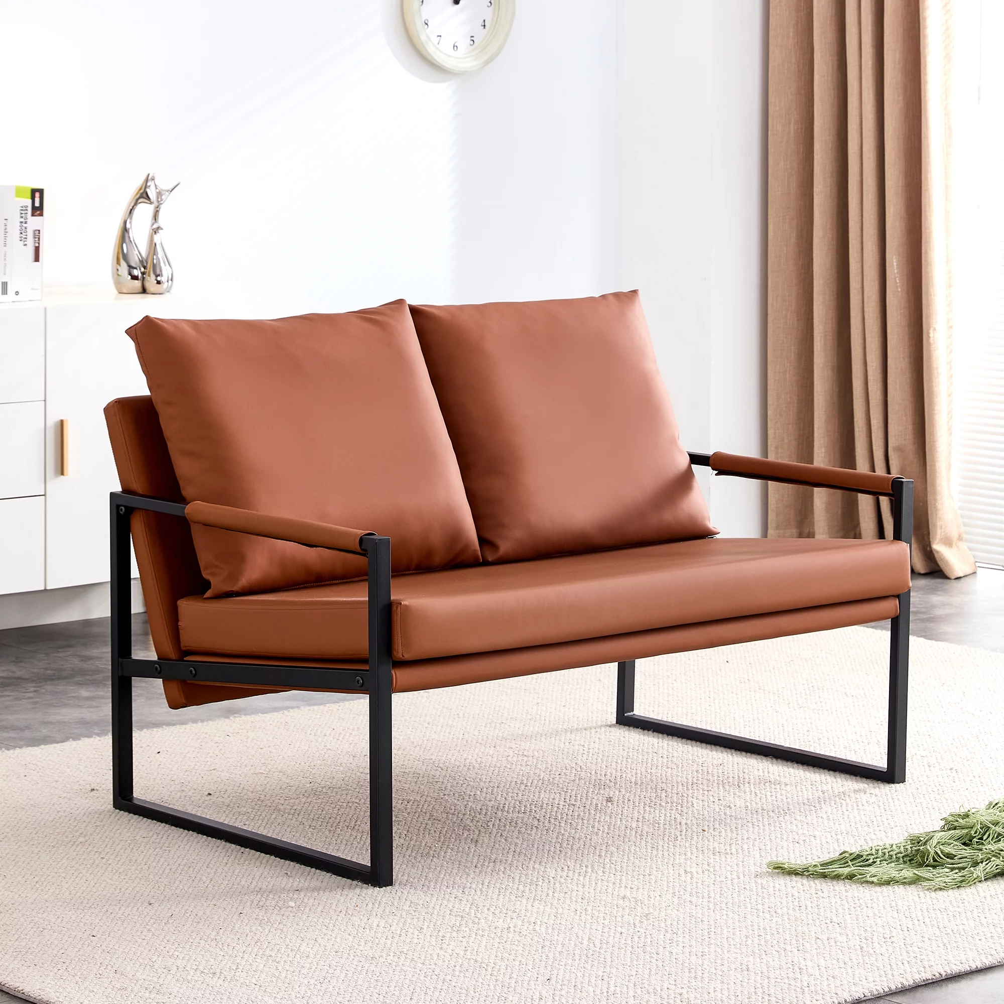 Modern Two Seater Sofa Chair with 2 Pillows   PU Leather, High Density Foam, Black Coated Metal Frame.Brown SF D008 - John Pierce Auto Care