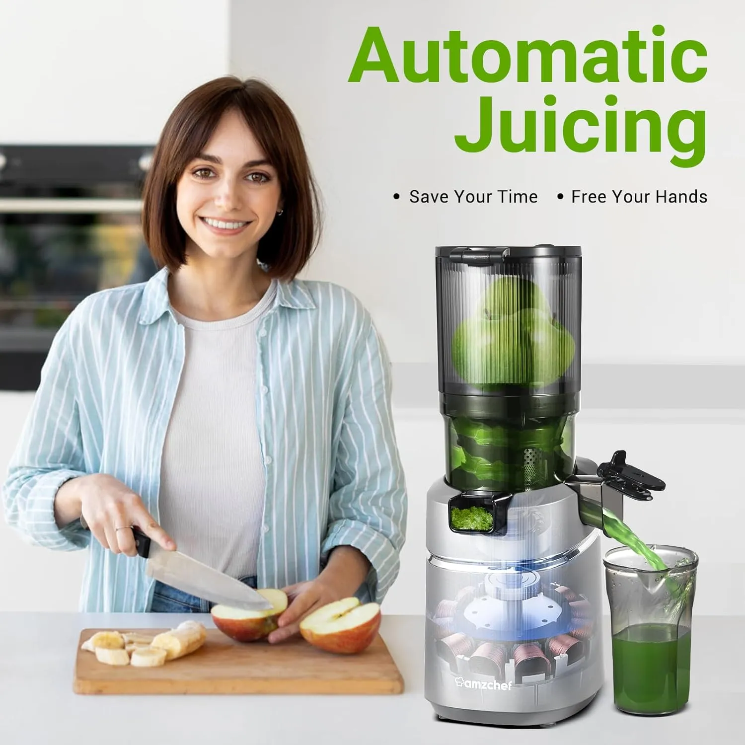 Juicer Machines, 5.3 Inch Self Feeding Masticating Juicer Fit Whole Fruits \u0026amp; Vegetables, Cold Press Electric Juicer Machines with High Juice Yield, Easy Cleaning, BPA Free, 250W - John Pierce Auto Care