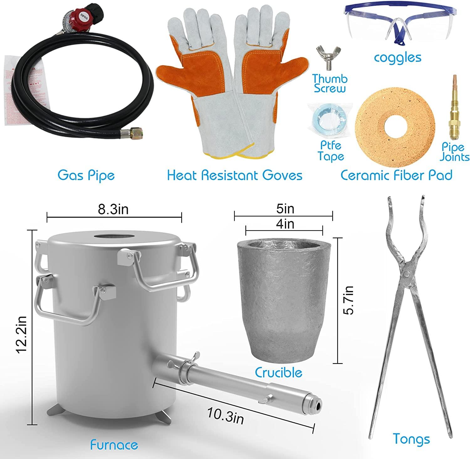 Propane Melting Furnace Kits, 6kg(13LB) Graphite Crucible, Up to 2372��F, Made of Steel Barrel, Smelt Metal,with Goggles and High Temperature Gloves - John Pierce Auto Care