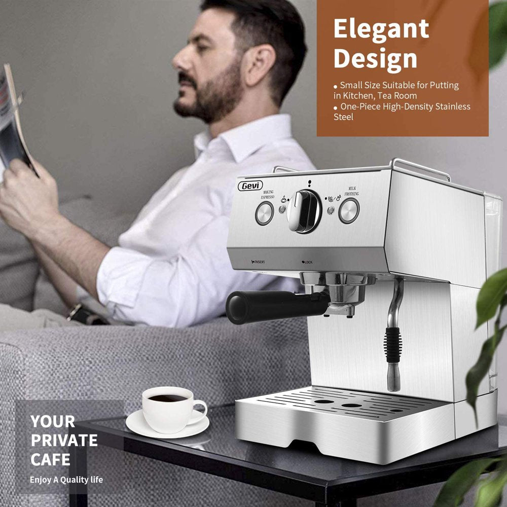 GEVI Silver Stainless Steel 15 Bar Espresso Machine 2 Shot Pump Cappuccino Maker - John Pierce Auto Care