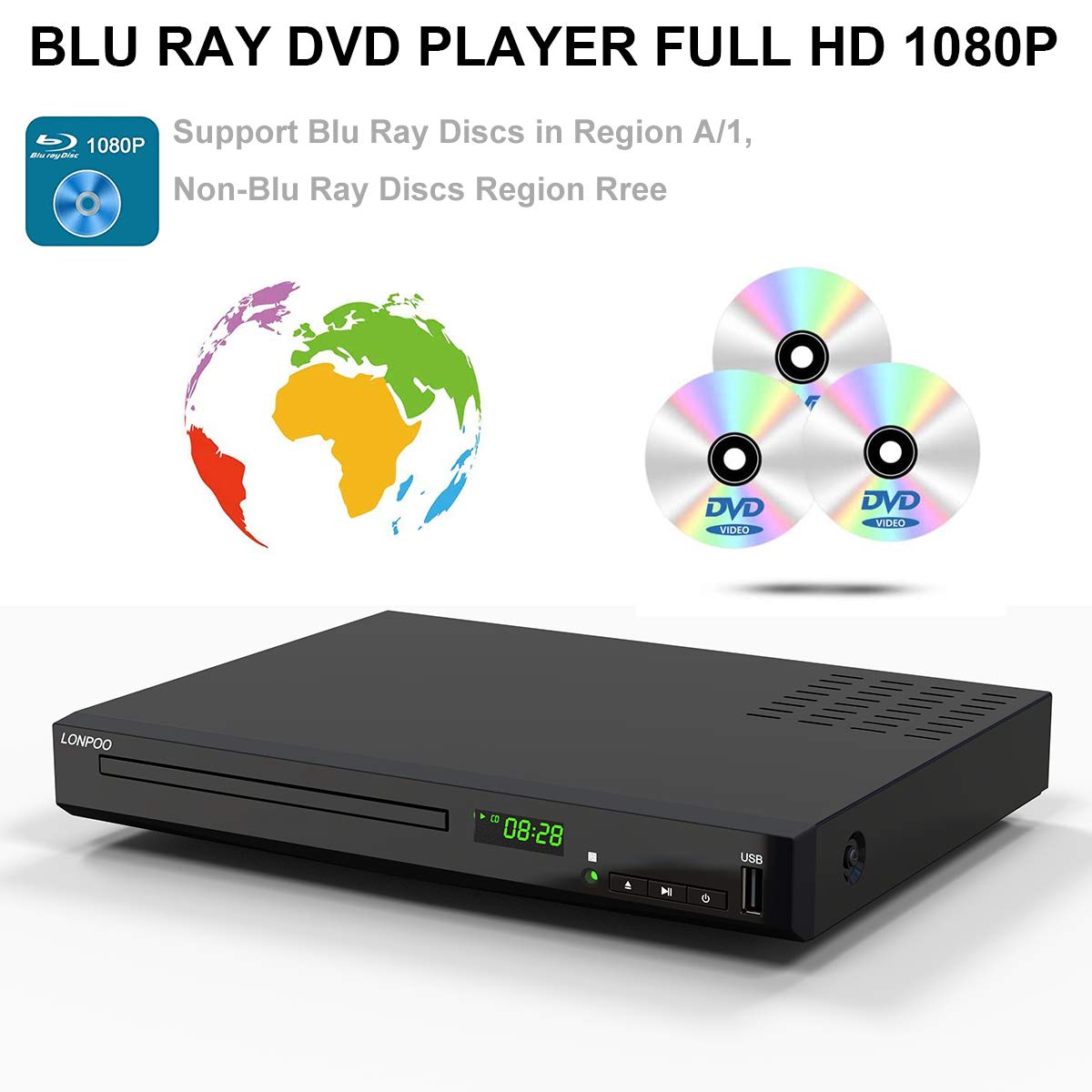 HD Blu Ray Disc Player for TV with HDMI and AV Cables, 1080P, Built in PAL NTSC - John Pierce Auto Care