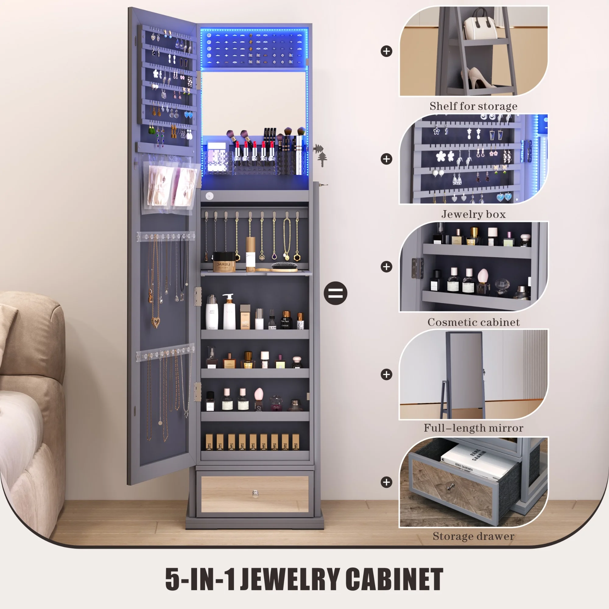 FREDEES Standing Jewelry Cabinet with Mirror and Lights, Wooden Jewelry Armoire Organizer with Full Length Mirror for Women, Grey - John Pierce Auto Care