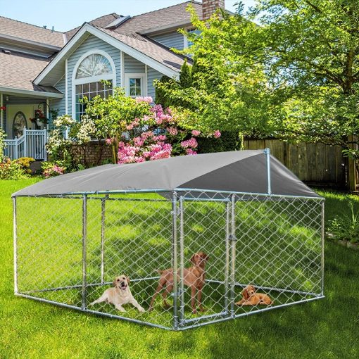 Best Outdoor Metal Dog Kennel Run House with Water Resistant Cover Roof Cage,Silver - John Pierce Auto Care