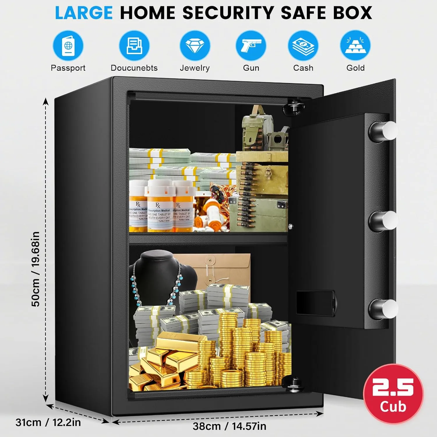 3.8 Cub Large safe is fireproof and waterproof, burglar proof and fireproof safe, with numeric keypad, spare key and 2 removable shelves - John Pierce Auto Care