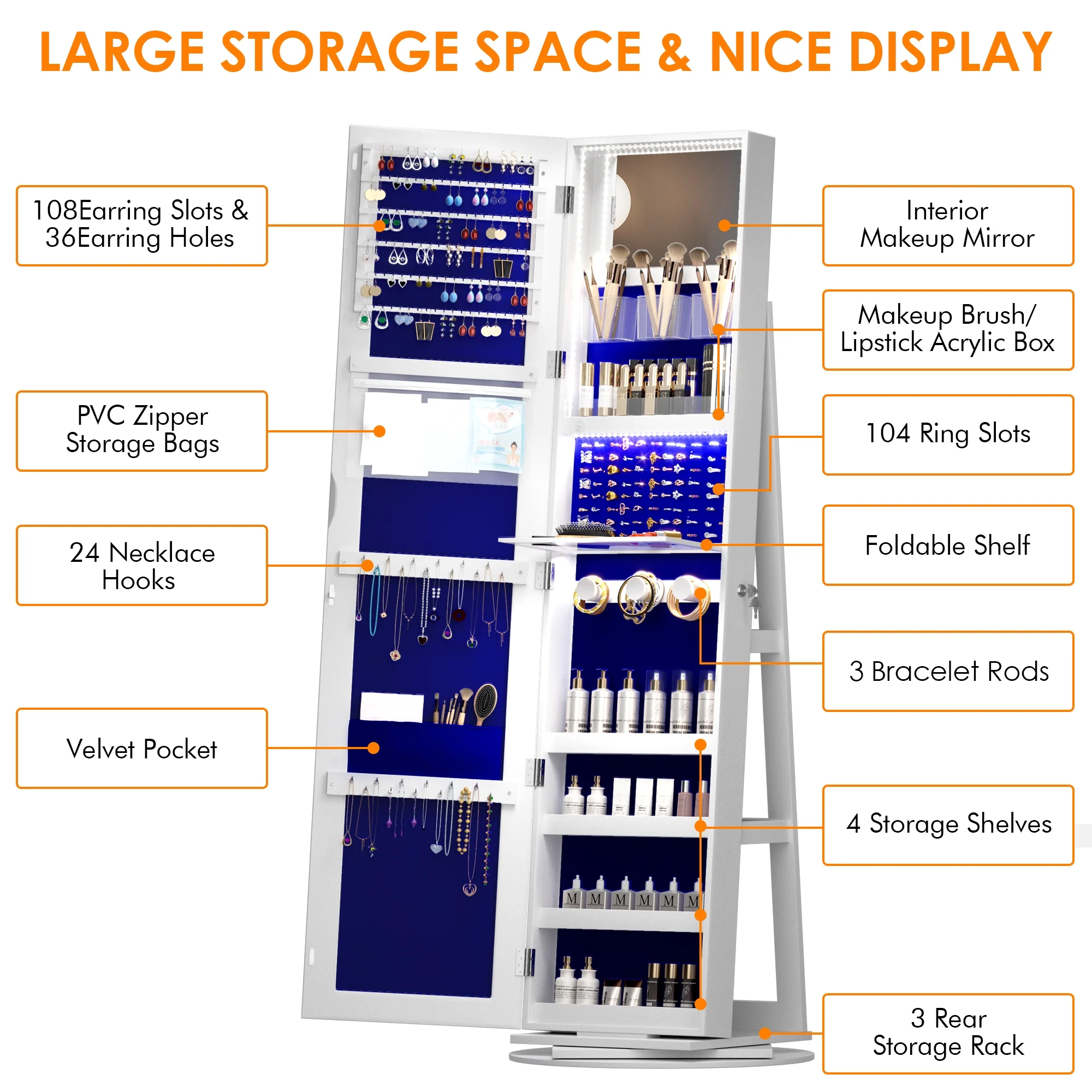 LVSOMT 360�� Rotating LED Jewelry Armoire with Full Length Mirror, Jewelry Cabinet Large Standing Lockable Mirror Jewelry Organizer with Inner Makeup Mirror \u0026amp; Soft Velvet for Living Room Bedroom - John Pierce Auto Care