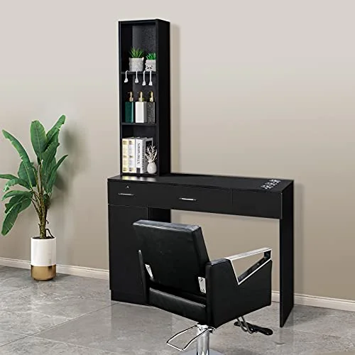 OmySalon Barber Station Wall Mount Salon Hair Styling Beauty Spa Equipment w\/ 2 Drawers, 1 Storage Cabinet, 3 Open Shelves (Black) - John Pierce Auto Care