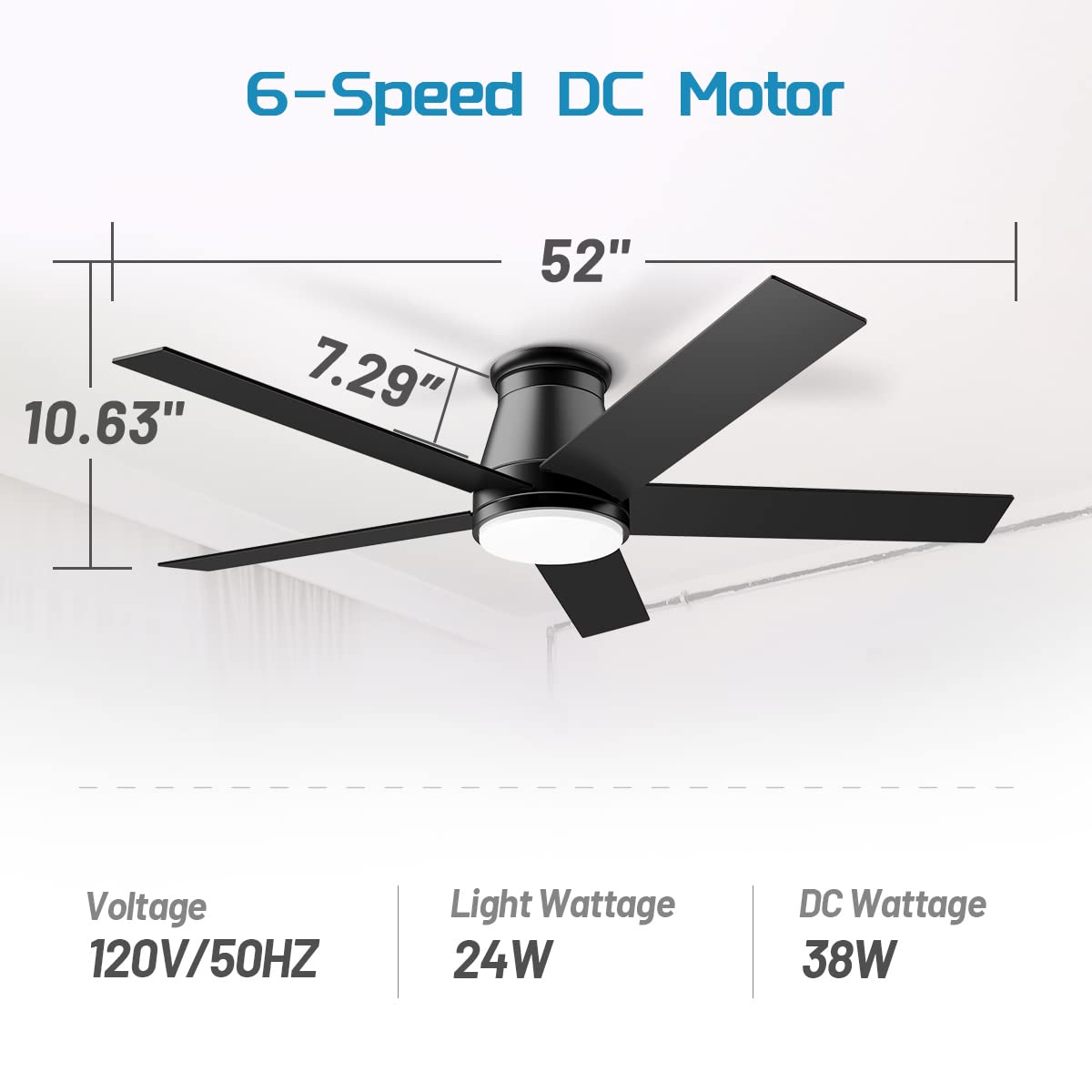 Wurzee 52\u0026#039;\u0026#039; Flush Mount Ceiling Fan, 6 Speeds DC Reversible Motor - John Pierce Auto Care