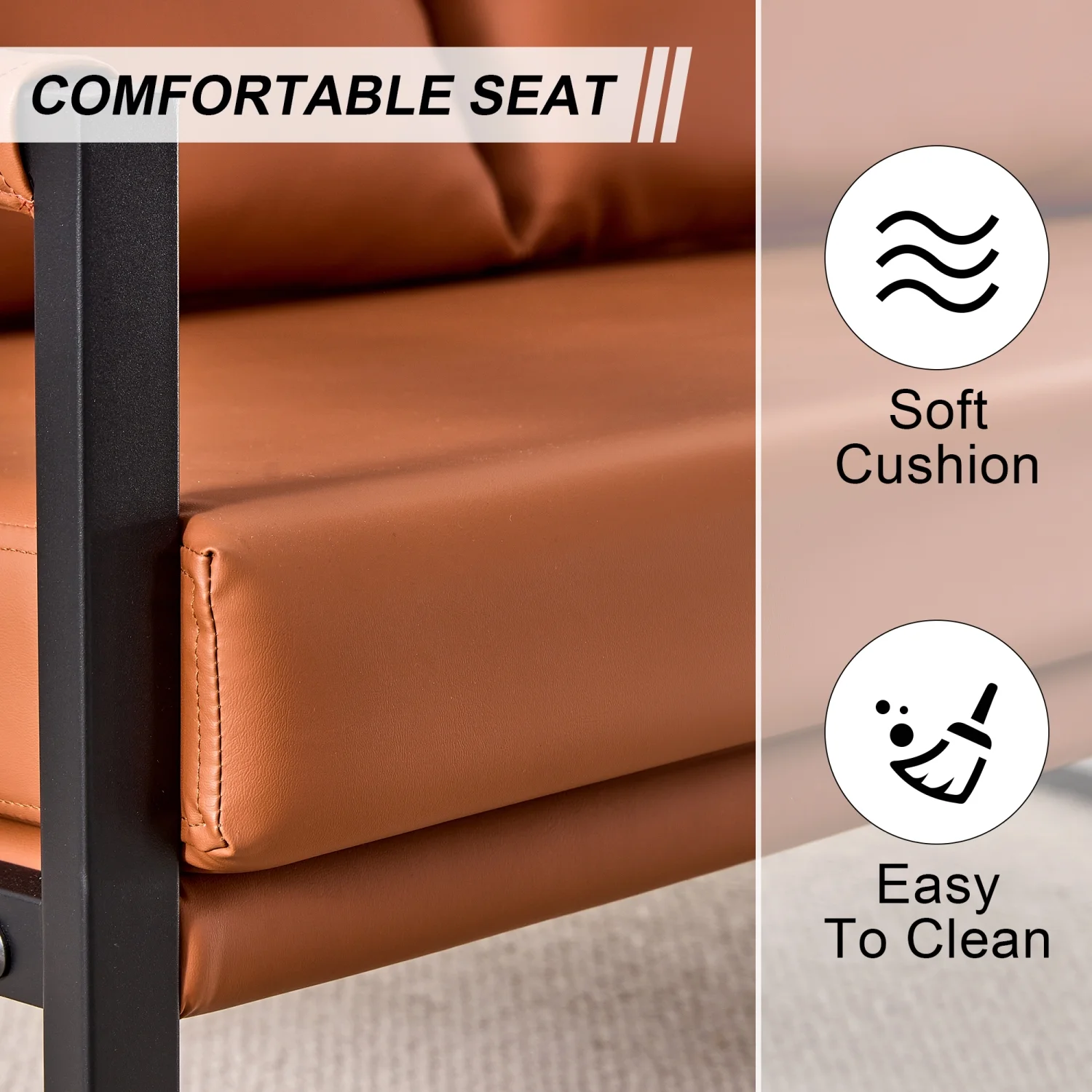 Modern Two Seater Sofa Chair with 2 Pillows   PU Leather High Density Foam Black Coated Metal Frame.Brown SF D008 - John Pierce Auto Care