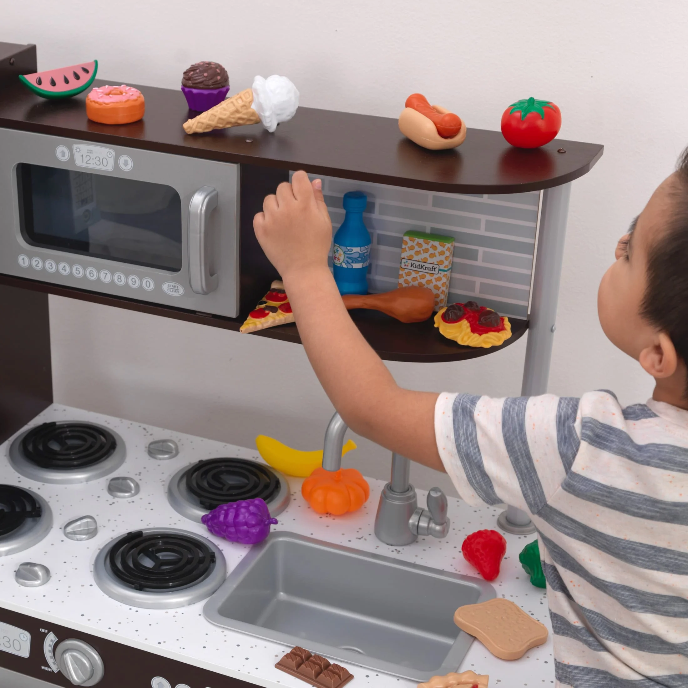 KidKraft Uptown Espresso Wooden Play Kitchen and 30 Piece Play Food Accessories - John Pierce Auto Care
