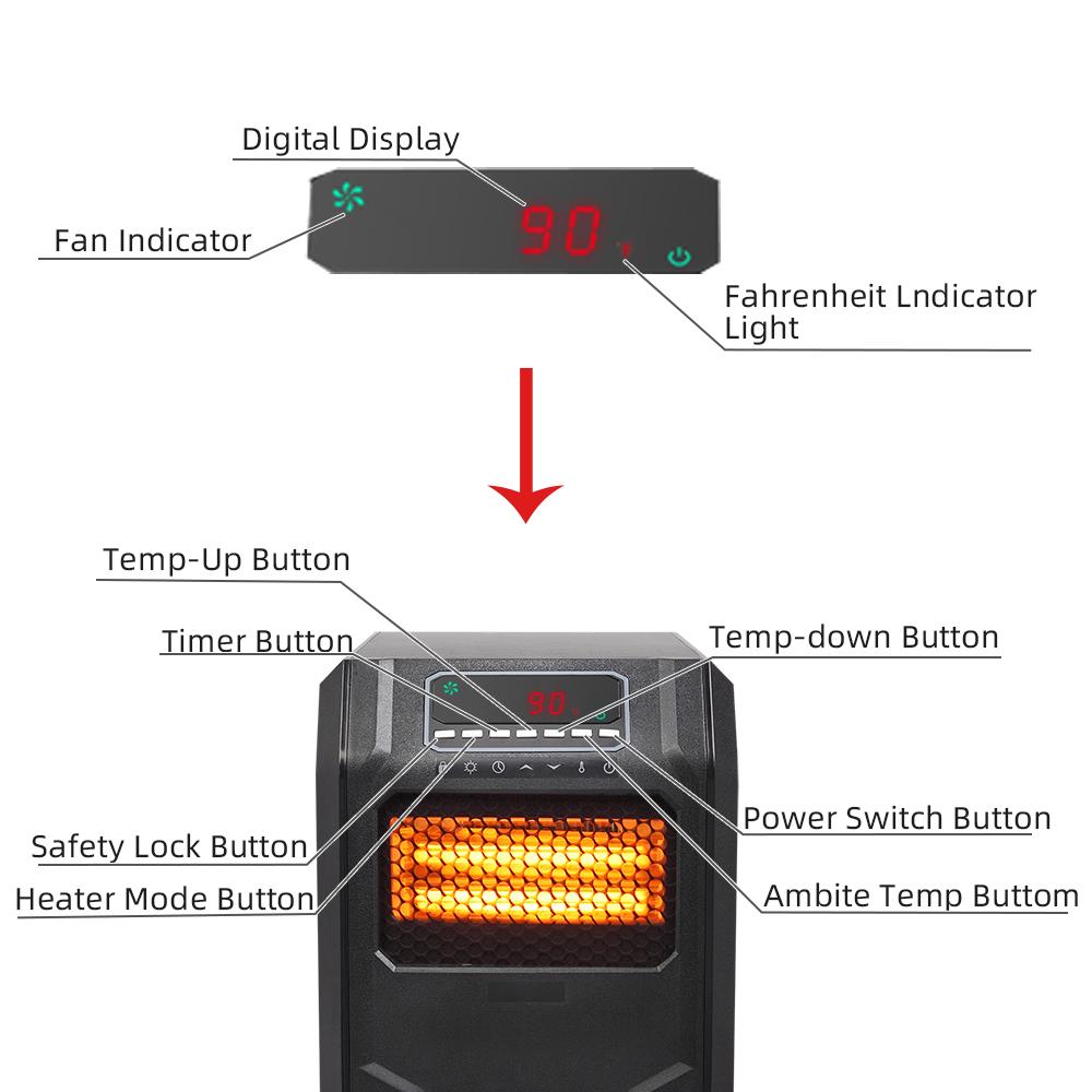 SAIBAI 1500W Quartz Tube Heater Digital Style 4 Quartz Tubes Black (Chanto Metal Fan) - John Pierce Auto Care