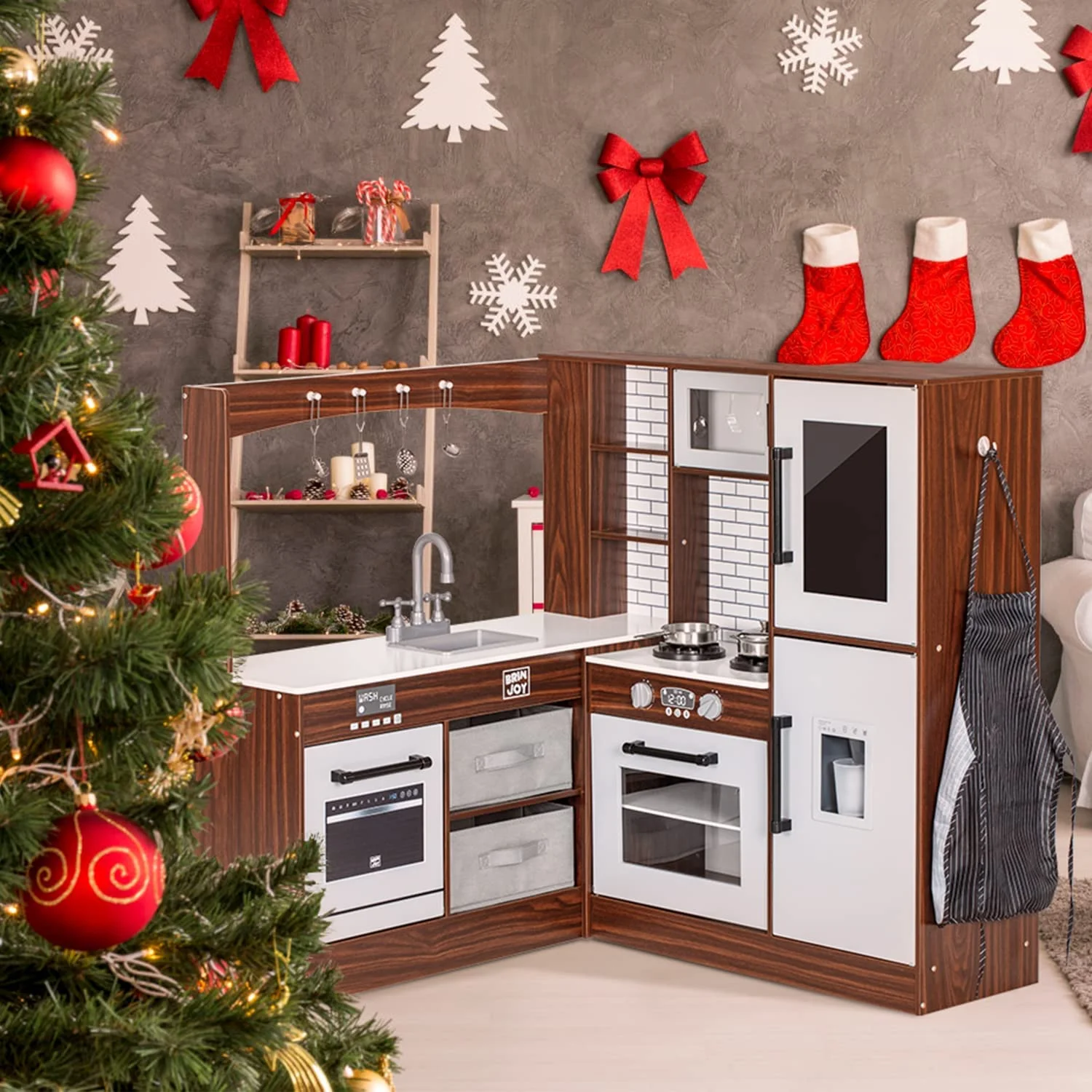 BRINJOY Corner Play Kitchen for Kids, Wooden Toddler Kitchen Playset w\/ Faucet, Sink, Microwave, Oven, Apron, Blackboard, Storage Cabinets, Pretend Cooking Toys w\/ Sound \u0026amp; Light Gift for Ages 3 - John Pierce Auto Care