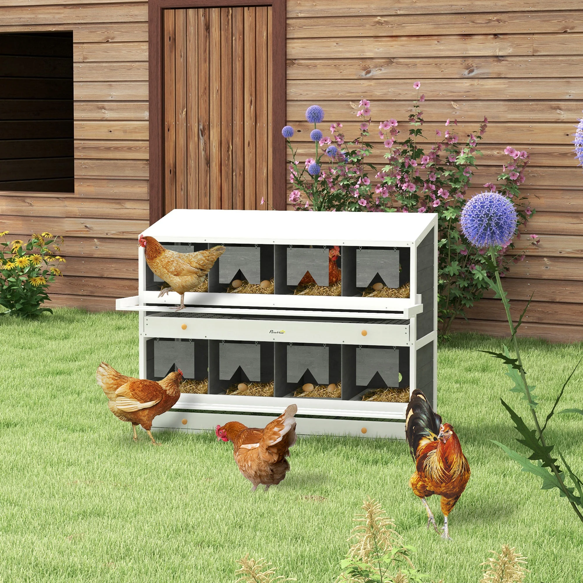 PawHut Nesting Boxes for Chickens W\/ 2 Egg Collection Trays, 8 Compartments - John Pierce Auto Care
