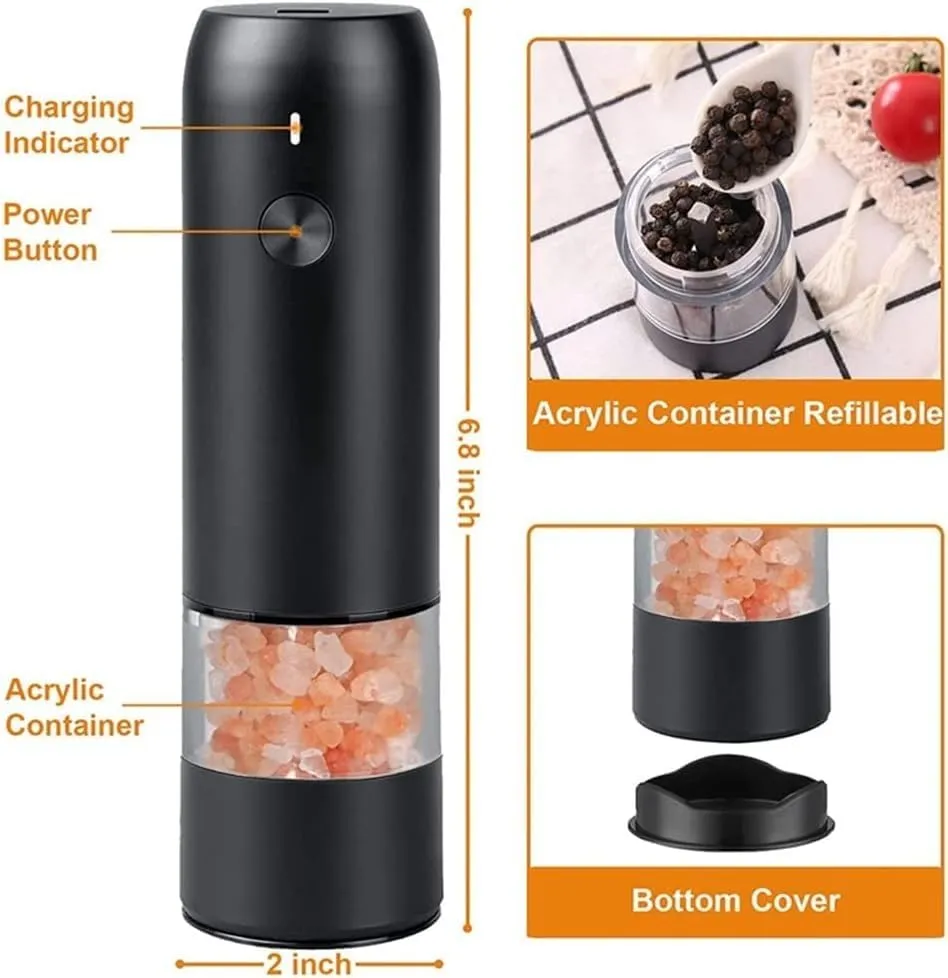 Electric Automatic Mill Pepper and Salt Grinder USB Spice Salt Pepper Grinder with LED Light Adjustable Coarseness Mill Convenient and Durable - John Pierce Auto Care