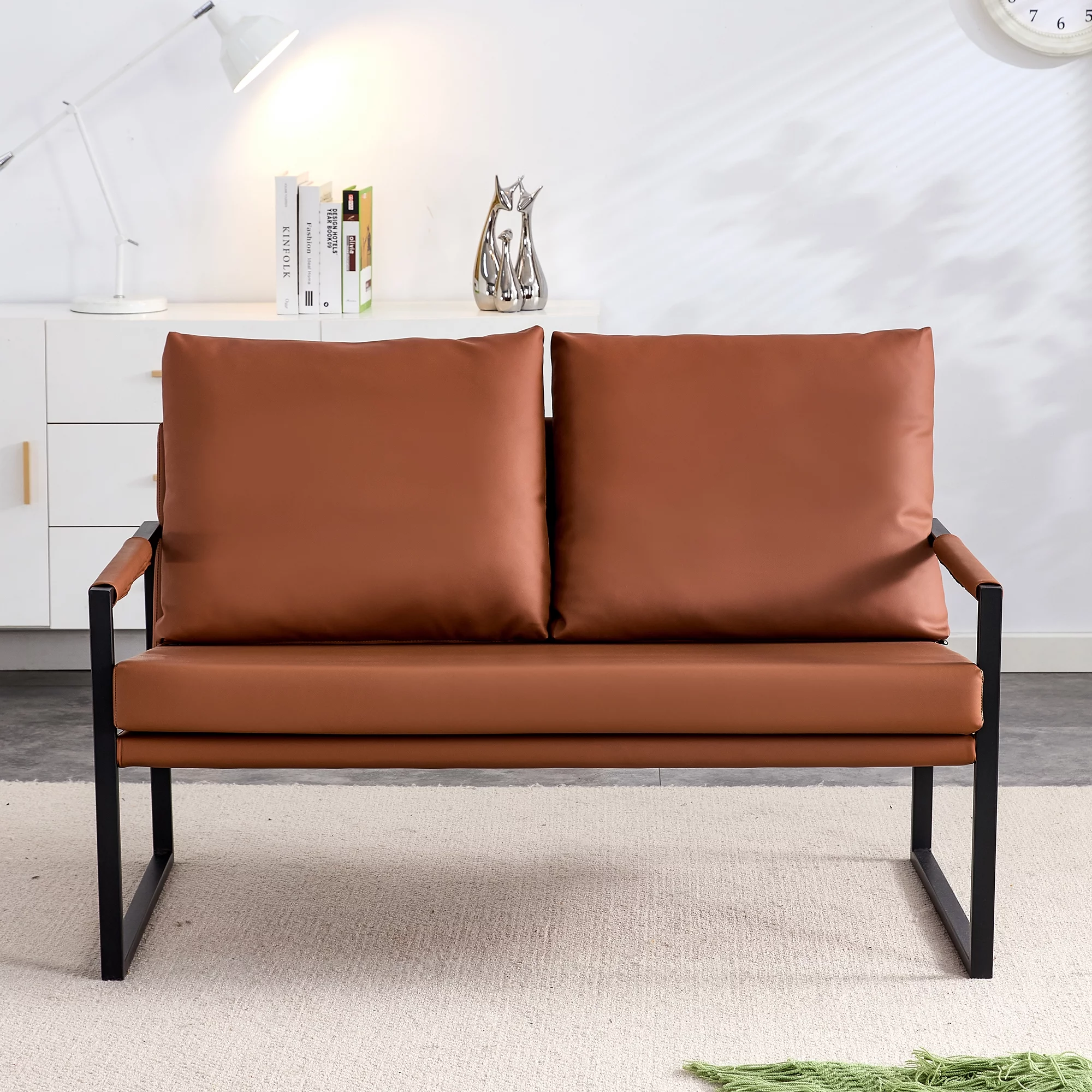 Modern Two Seater Sofa Chair with 2 Pillows   PU Leather, High Density Foam, Black Coated Metal Frame.Brown SF D008 - John Pierce Auto Care