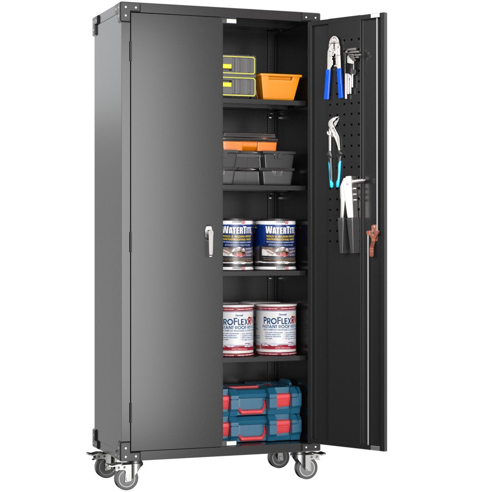 GangMei 72 in Metal Garage Storage Cabinet with Wheels and Pegboard, Black Tall Rolling Tool Cabinet with 4 Adjustable Shelves - John Pierce Auto Care