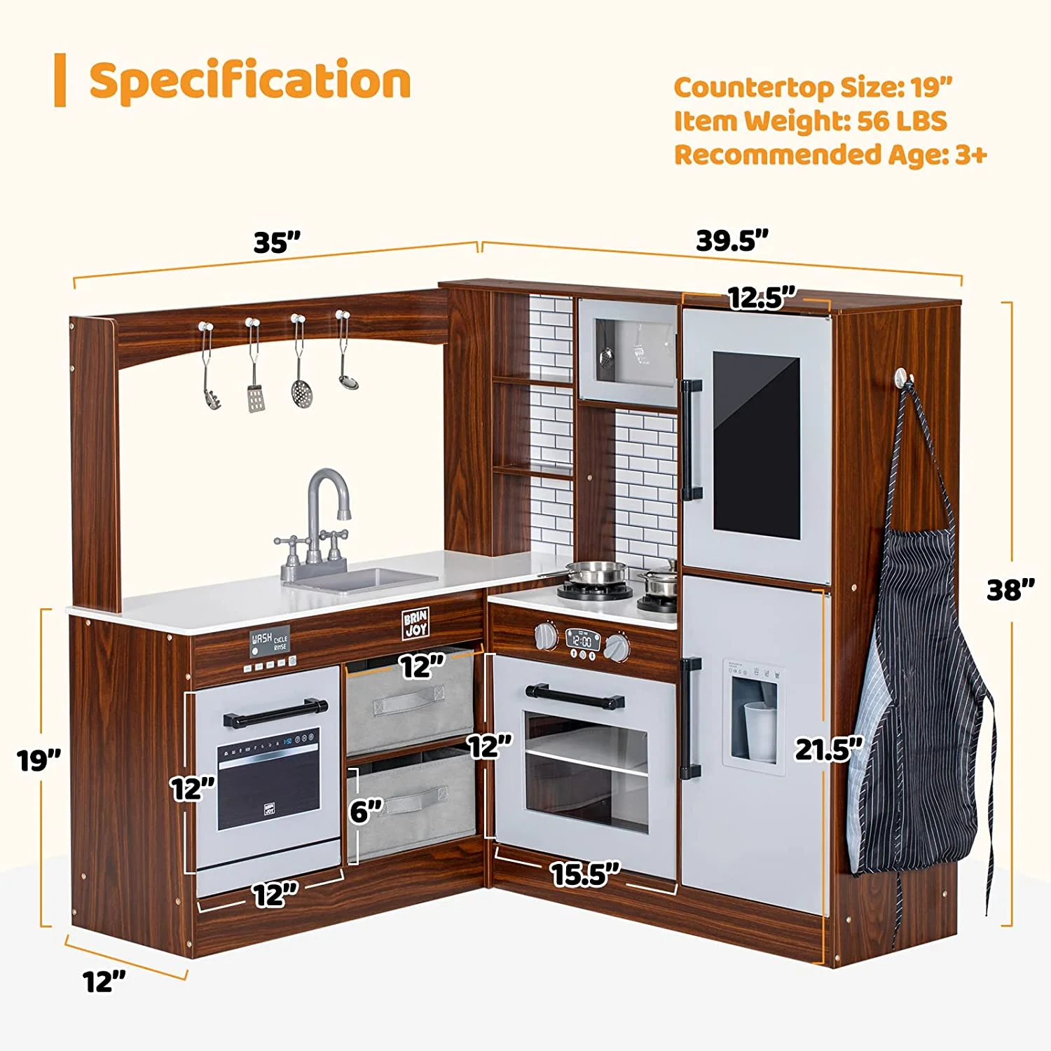 BRINJOY Corner Play Kitchen for Kids, Wooden Toddler Kitchen Playset w\/ Faucet, Sink, Microwave, Oven, Apron, Blackboard, Storage Cabinets, Pretend Cooking Toys w\/ Sound \u0026amp; Light Gift for Ages 3 - John Pierce Auto Care