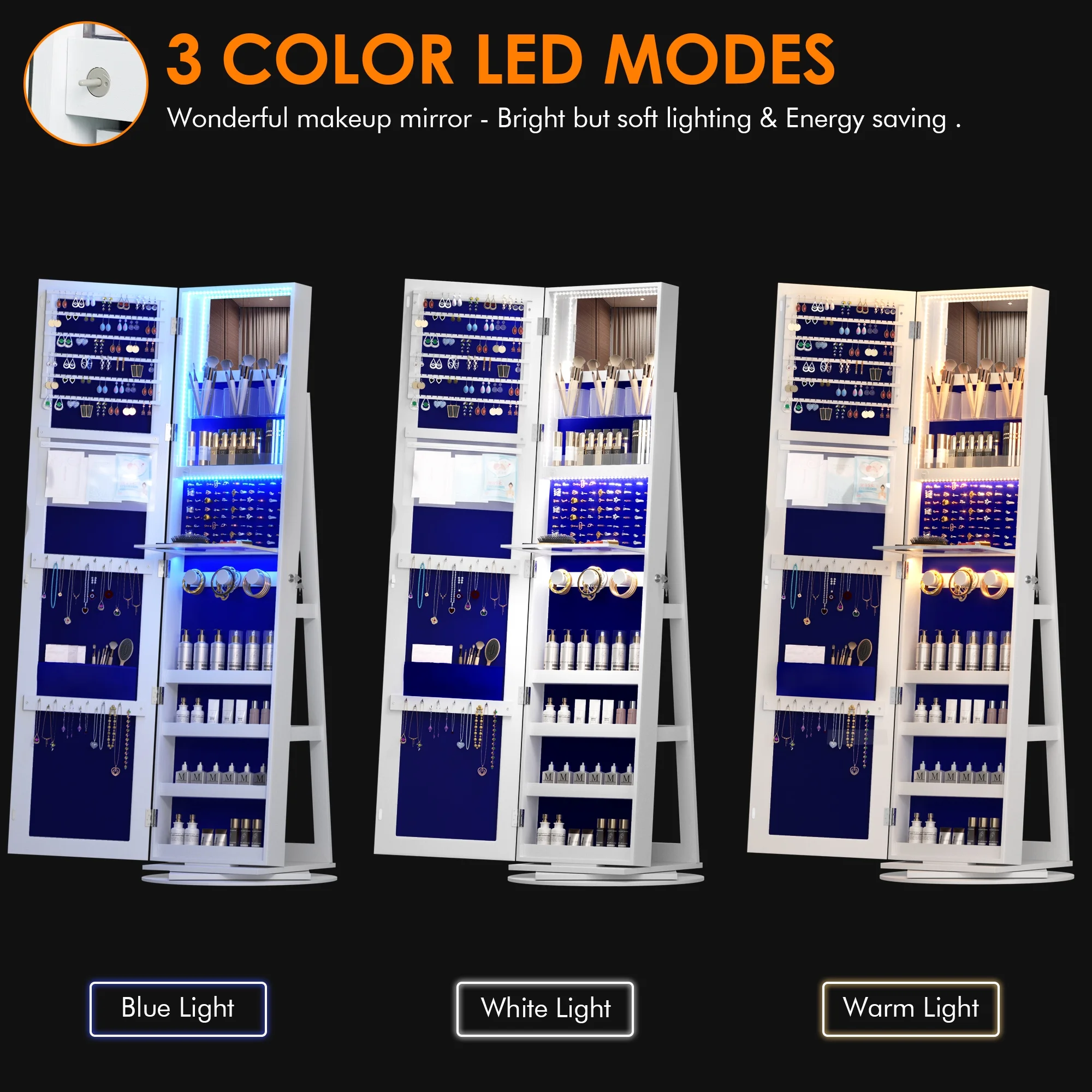 LVSOMT 360�� Rotating LED Jewelry Armoire with Full Length Mirror, Jewelry Cabinet Large Standing Lockable Mirror Jewelry Organizer with Inner Makeup Mirror \u0026amp; Soft Velvet for Living Room Bedroom - John Pierce Auto Care