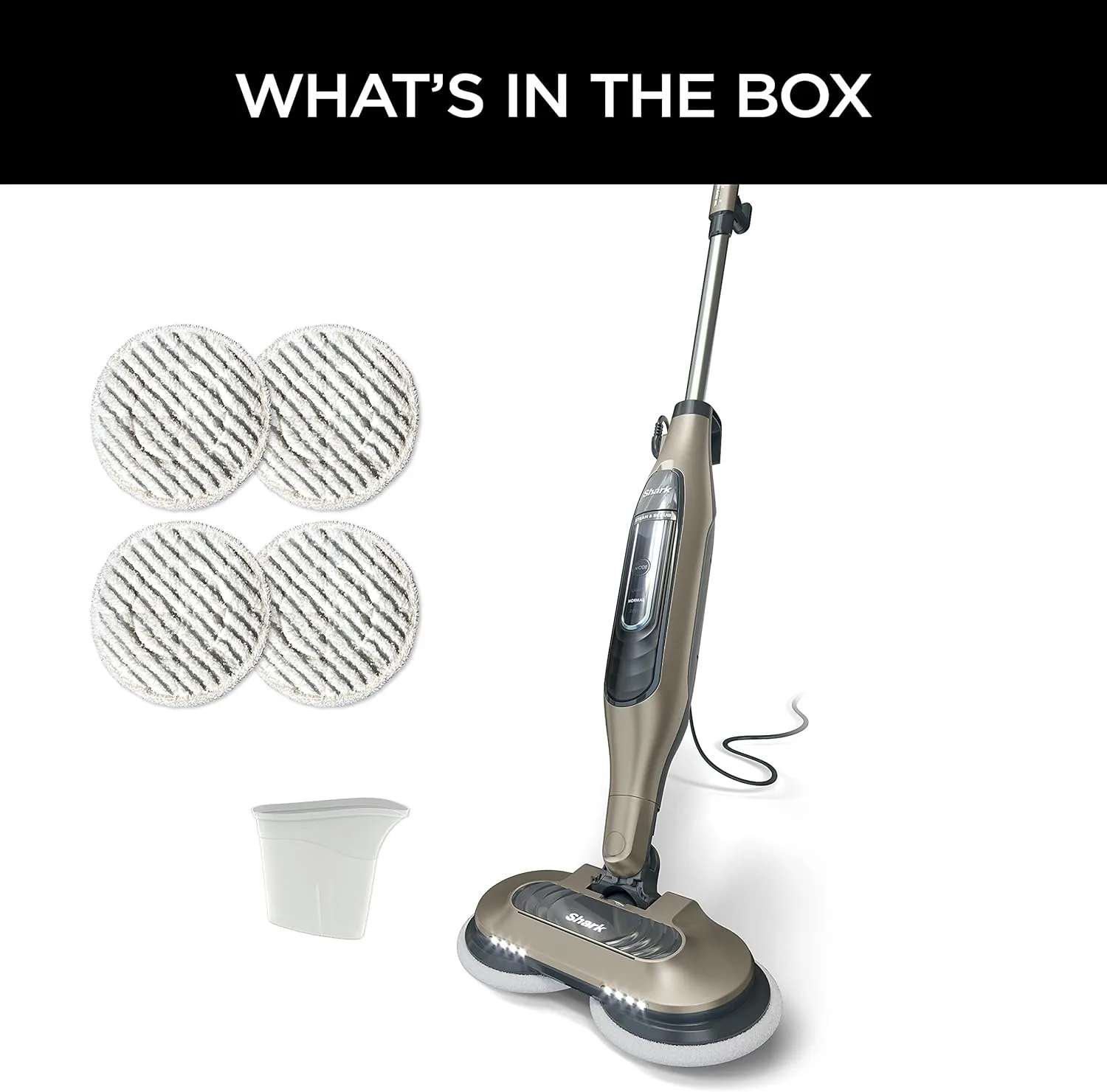 Mop, Scrub \u0026amp; Sanitize at The Same Time, Designed for Hard Floors, with 4 Dirt Grip Soft Scrub Washable Pads, 3 Steam Modes \u0026amp; LED Headlights, Gold - John Pierce Auto Care