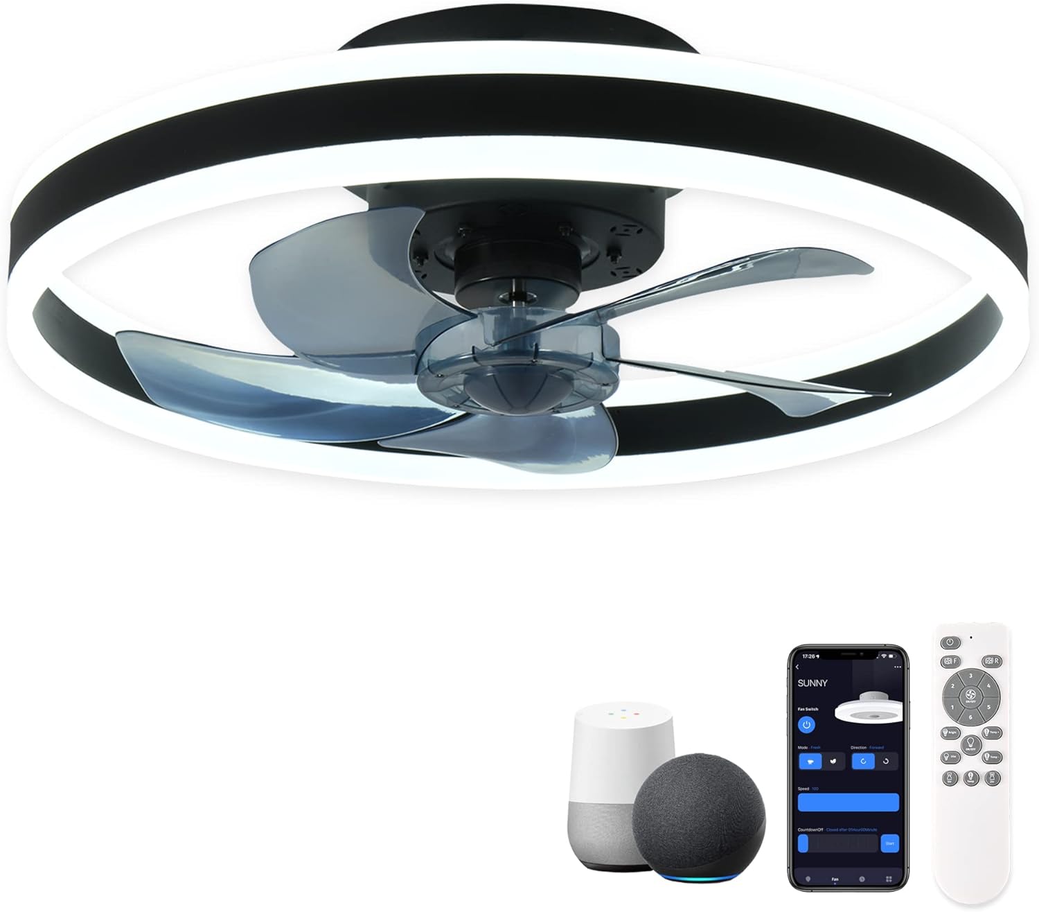 Low profile smart ceiling fan with lights, APP control, remote compatibility, 6 speed reversible blade - John Pierce Auto Care